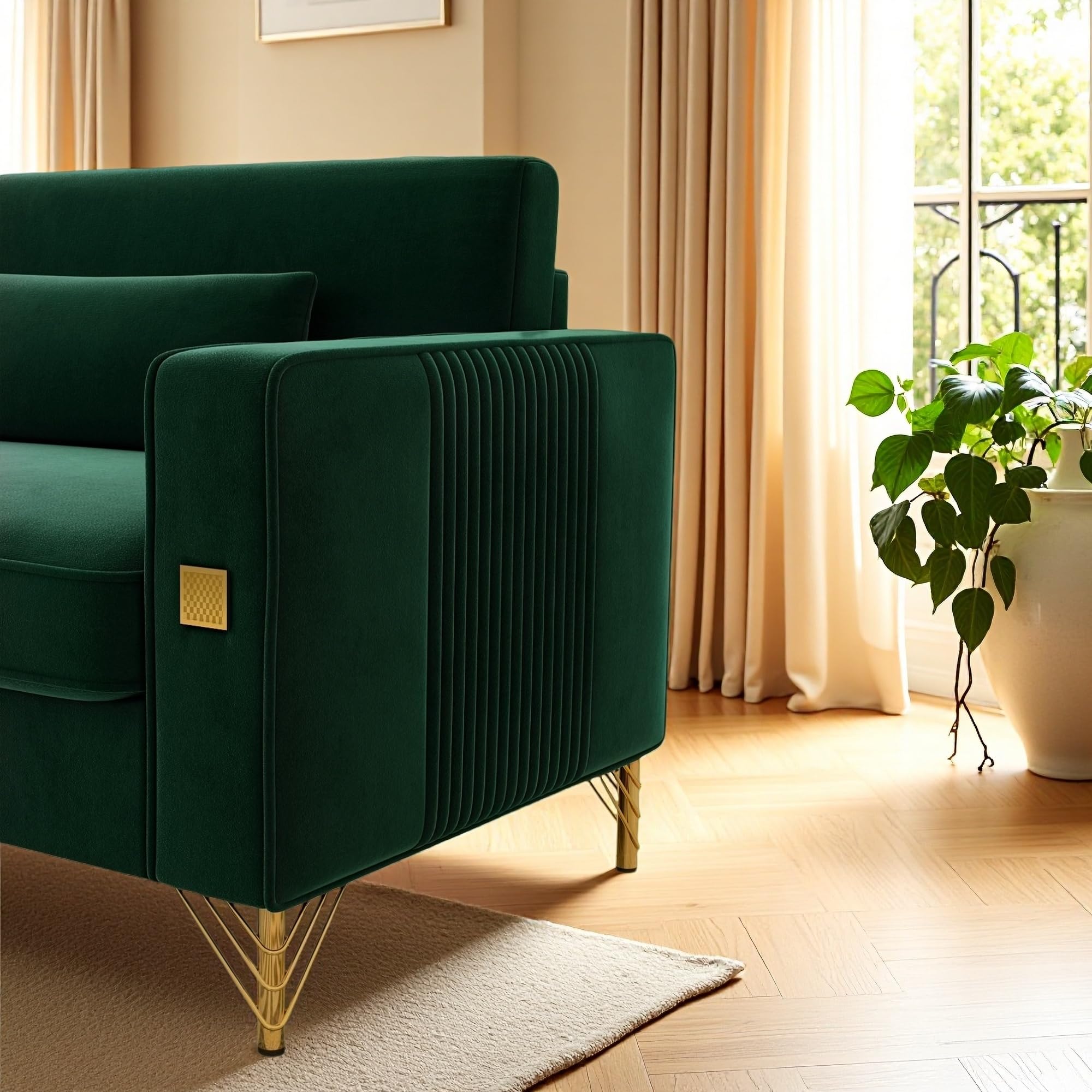 KEIKI 86" Oversized Luxury Velvet Sofa with Armrest and Removable Plush Cushions, Modern Style Gold Accents 3-Seater Couch with Solid Legs, Easy Assembly, for Living Room, Apartment, Green
