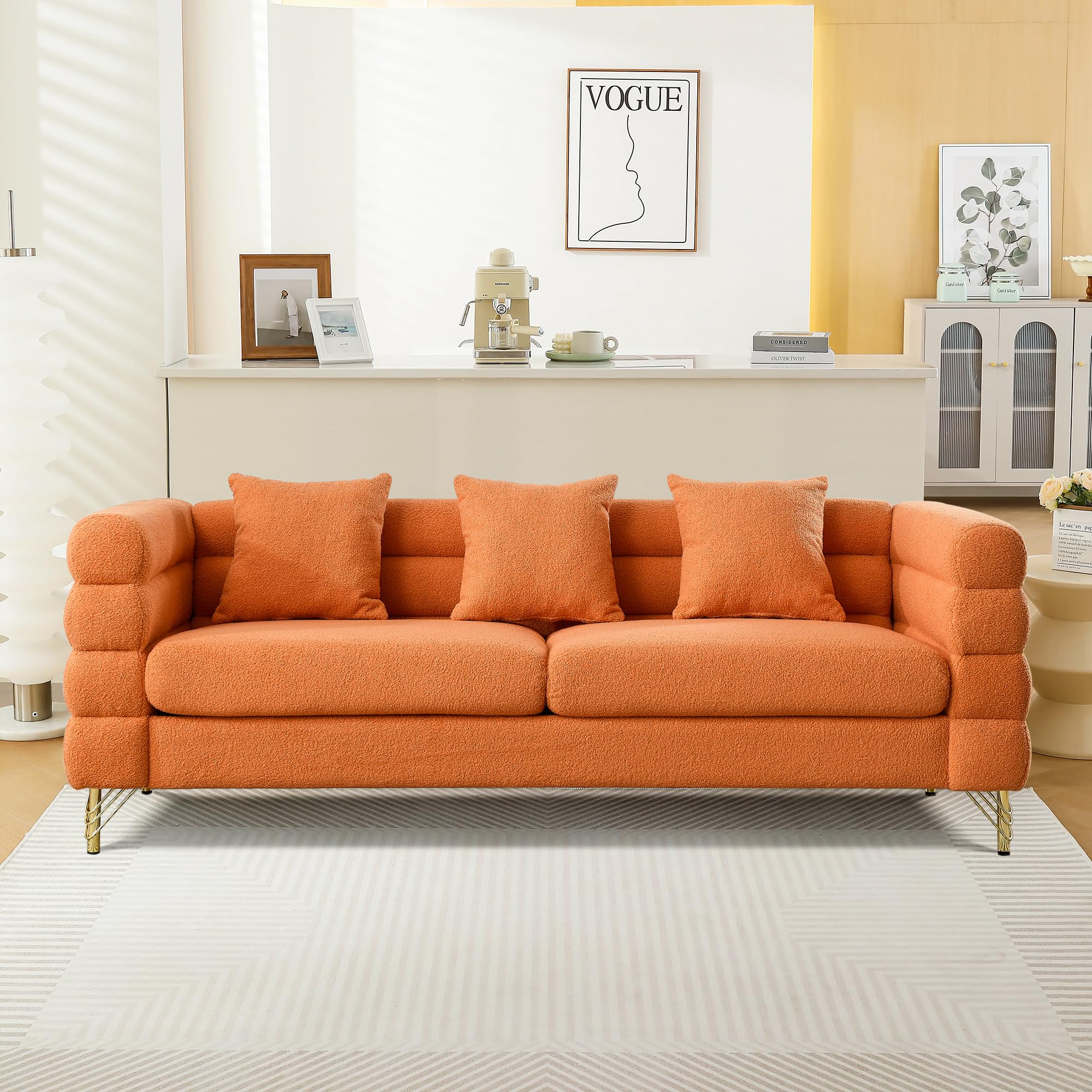 mikibama Modern Teddy Sectional Sofa, 81 Inch Oversized Sofa Couch, Luxury 3 Seater Deep Couch with 3 Pillows and Gold Metal Legs for Living Room, Bedroom, Apartment (Black)