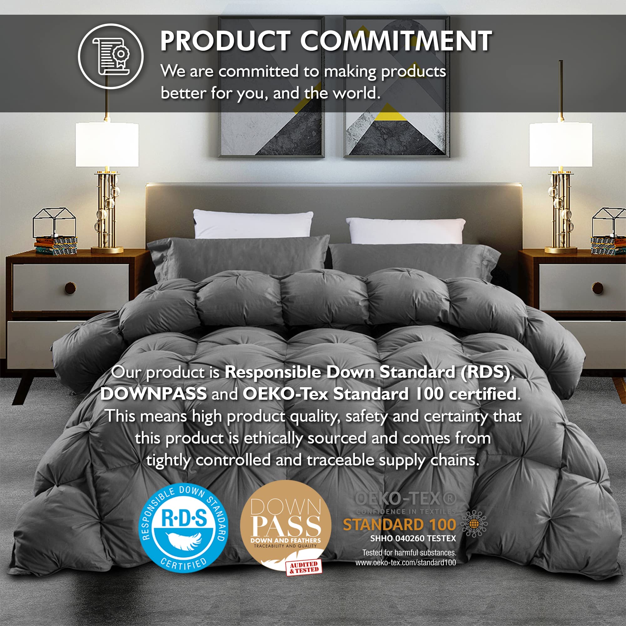 Luxurious White Solid Heavy Weight, Palatial King Size Goose Feathers Down Comforter for Winter Weather, 120 X 98 inches, Premium Baffle Box, 100% Egyptian Cotton Cover, 95 oz. Fill Weight