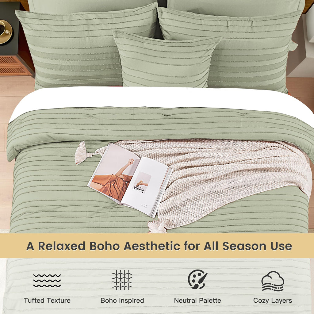 NEXHOME PRO Tufted Boho Comforter Set King, 8 Piece Bed in a Bag, Ultra Soft Brushed Microfiber All-in-One Bedding, Lightweight All Season Comforter, Machine Washable, Sage Green