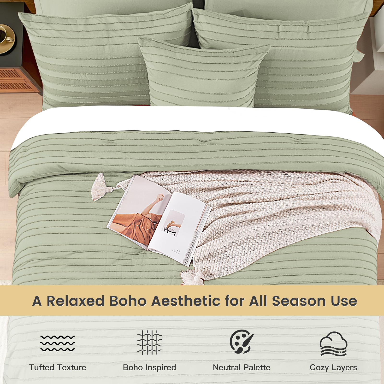 NEXHOME PRO Tufted Boho Comforter Set King, 8 Piece Bed in a Bag, Ultra Soft Brushed Microfiber All-in-One Bedding, Lightweight All Season Comforter, Machine Washable, Sage Green