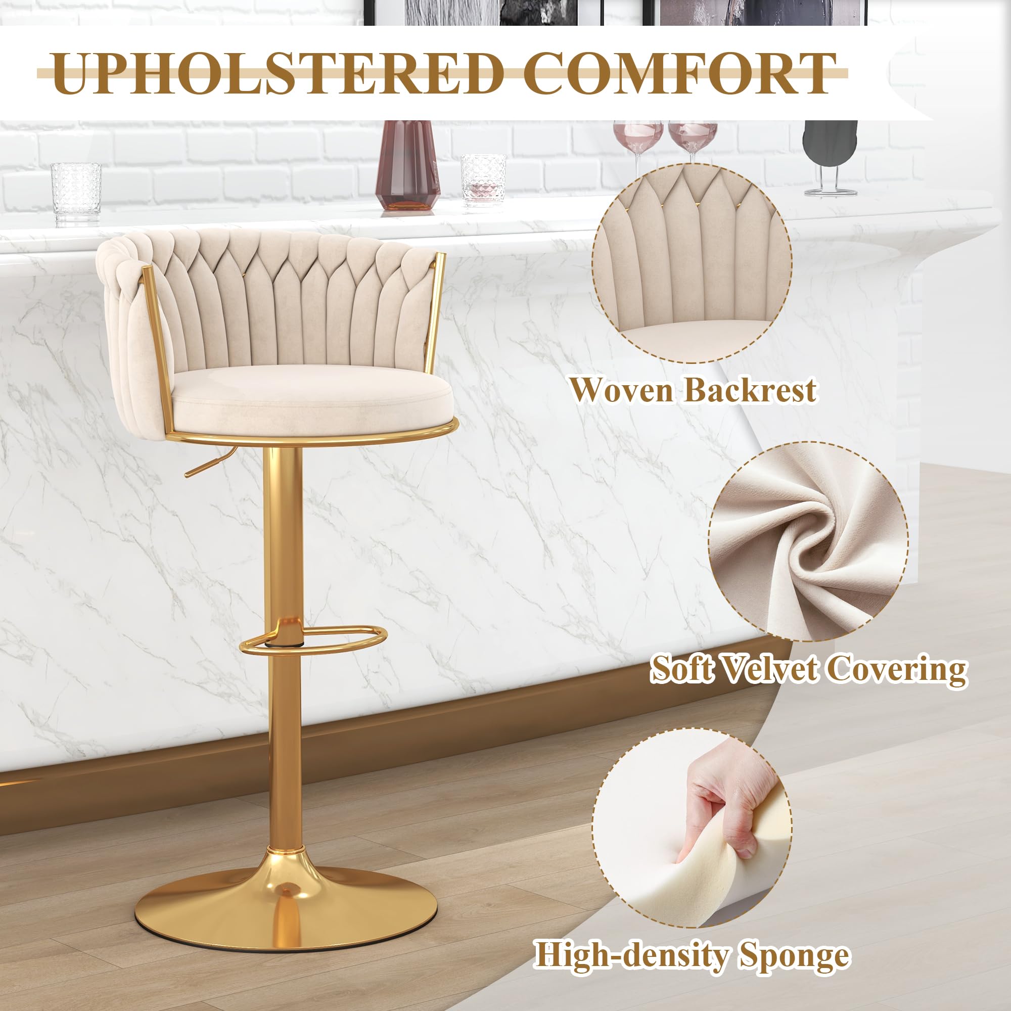 ABET Gold Bar Stool Set of 2, Velvet Swivel Barstools, Height Adjustable Counter Stools with Woven Back, Upholstered Modern Luxury Kitchen Stools with Footrest for Cafe, Pub, Black