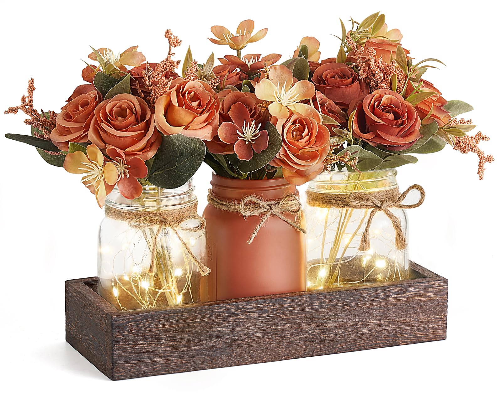 Mkono Mason Jar Lights Centerpiece Table Decor for Dining Room Farmhouse Wood Tray with 3 Jars Flowers Valentines Day Decoration for Coffee Table Kitchen Living Room Wedding