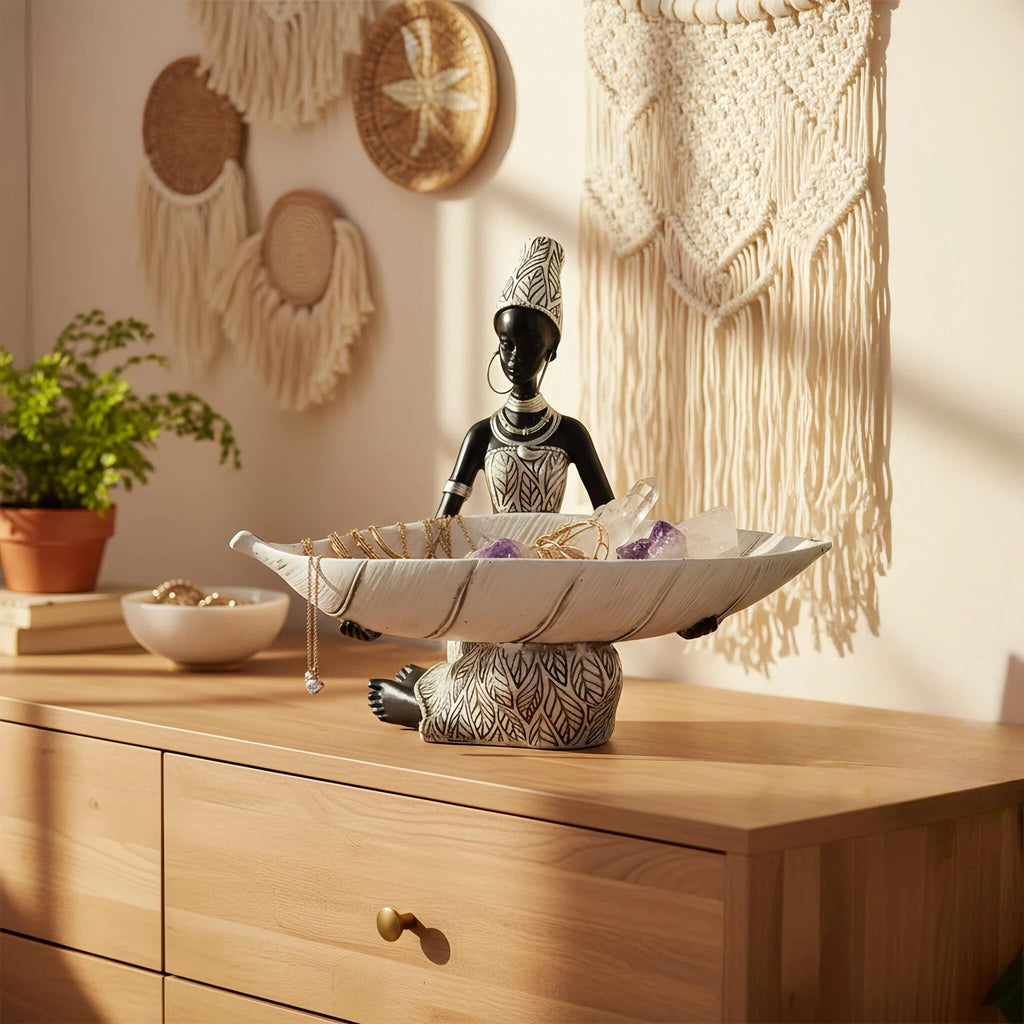 Lescafita African Woman Sculpture with Gold Leaf Bowl, Handmade Resin Figurine, Exotic Tribal Art Statue for Living Room, Dining Table, or Entryway Decoration