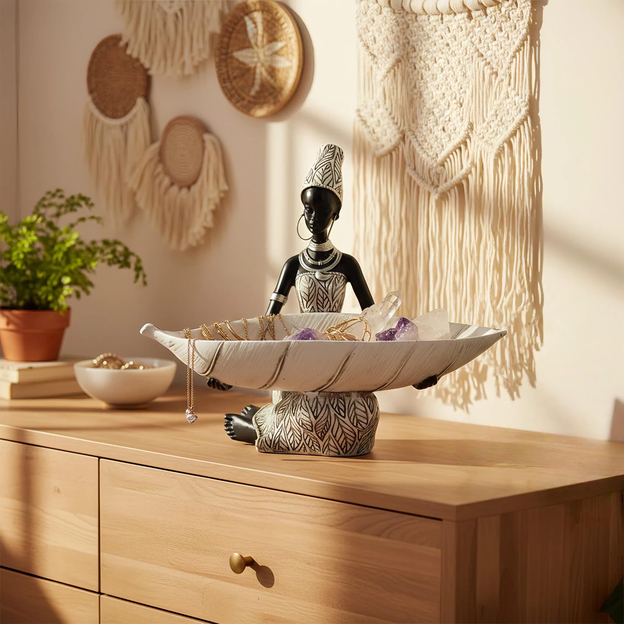 Lescafita African Woman Sculpture with Gold Leaf Bowl, Handmade Resin Figurine, Exotic Tribal Art Statue for Living Room, Dining Table, or Entryway Decoration
