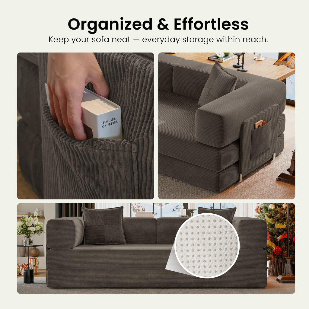 78.8" Convertible Futon Sofa Bed,Corduroy Futon Couch with Storage Pocket,Folding Pull Out Sofa,No Assembly Boneless Couch for Living Room | Pink