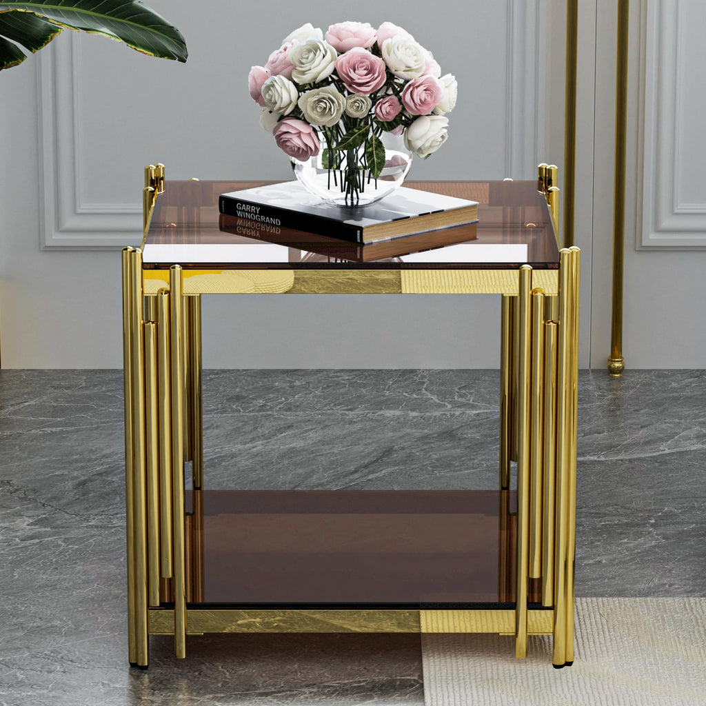 Luxury Gold Square Glass End Table, 19.7" Modern Side Table with Stainless Steel Irregular Leg Clear Tempered Glass Tabletop, Accent Furniture for Living Room, Clear