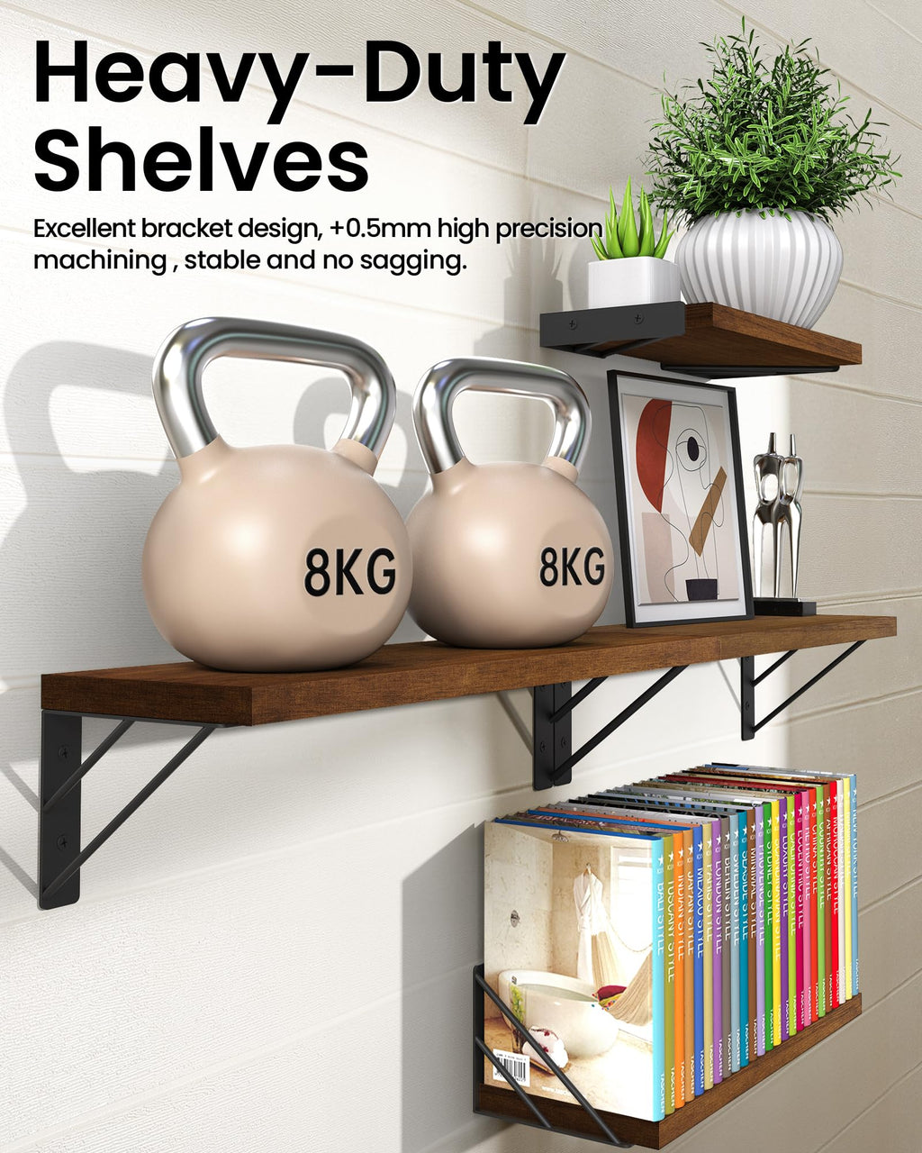BAYKA Floating Shelves for Bedroom Decor, Wall Shelves for Storage, Wall Mounted Rustic Wood Floating Shelf for Books,Corner Shelf for Bathroom,Kitchen,Living Room(Black and Gold，Set of 4)