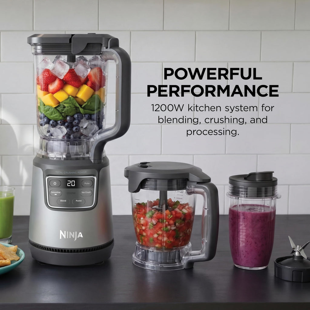 Ninja Kitchen System | All-in-One Food Processor & Blender for Smoothies | Includes Pitcher, (2) 16 oz. To-Go Cups & 8-Cup Bowl | Makes Salsa, Dough, Shakes, & Frozen Drinks | 1500W | Black | BL770