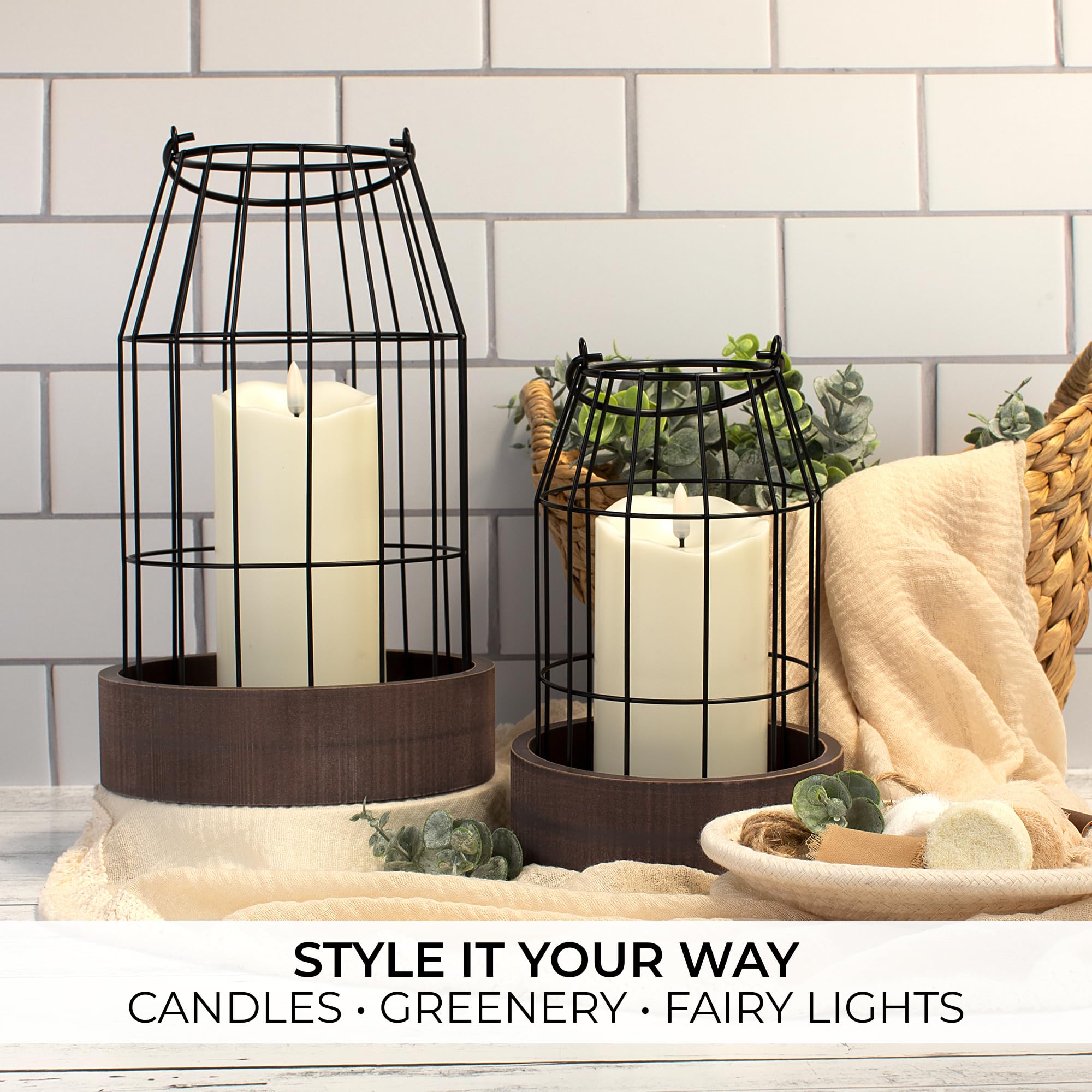 Rustic Farmhouse Lantern Decor Set of 2 - Stylish Decorative Lanterns for Your Living Room, Patio & Porch or Kitchen Dining Table - Modern Indoor/Outdoor Coffee Table Decor for Your Entire Home