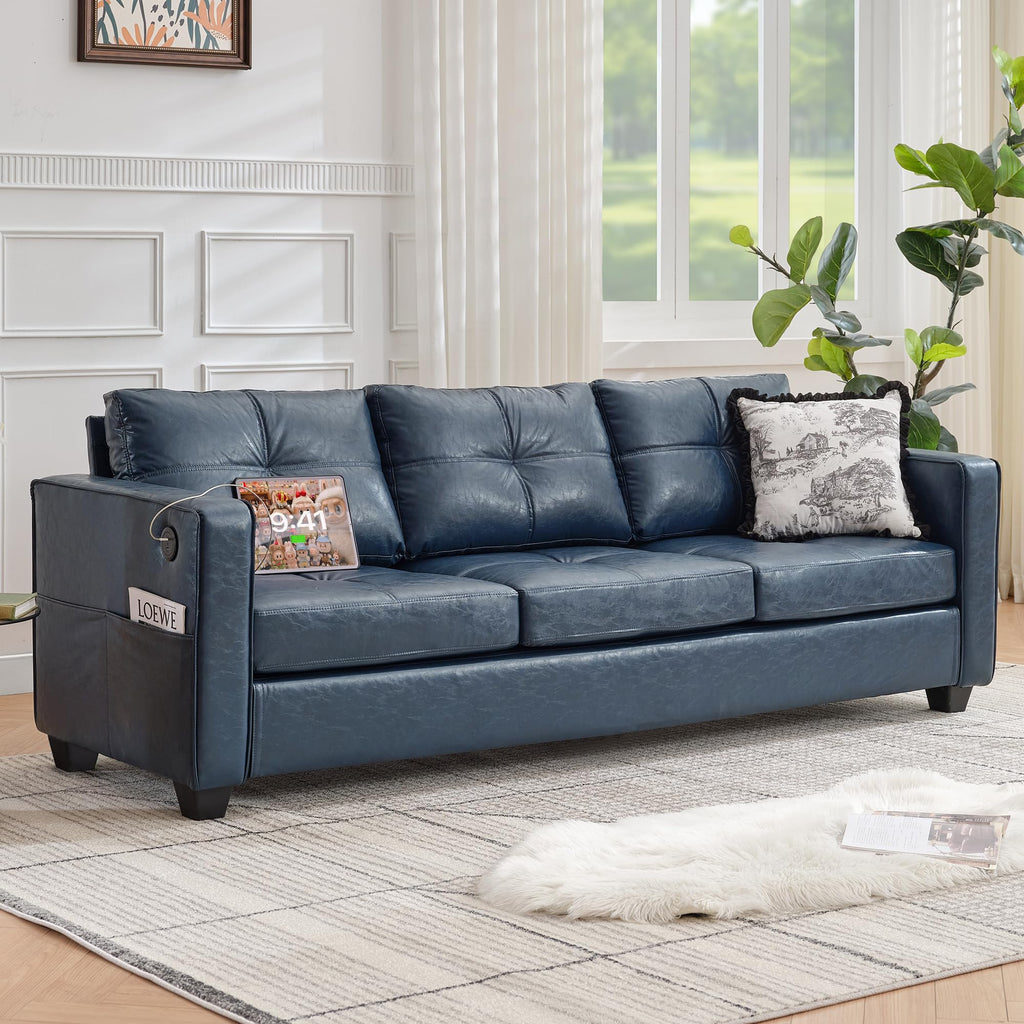 TYBOATLE 88" W Blue Faux Leather L Shaped Sectional Couches w/Side Pockets, Comfy Modular Convertible Sofas w/USB, Office Sofa Set with Chaise for Living Room, Bedroom (Blue, 3L)