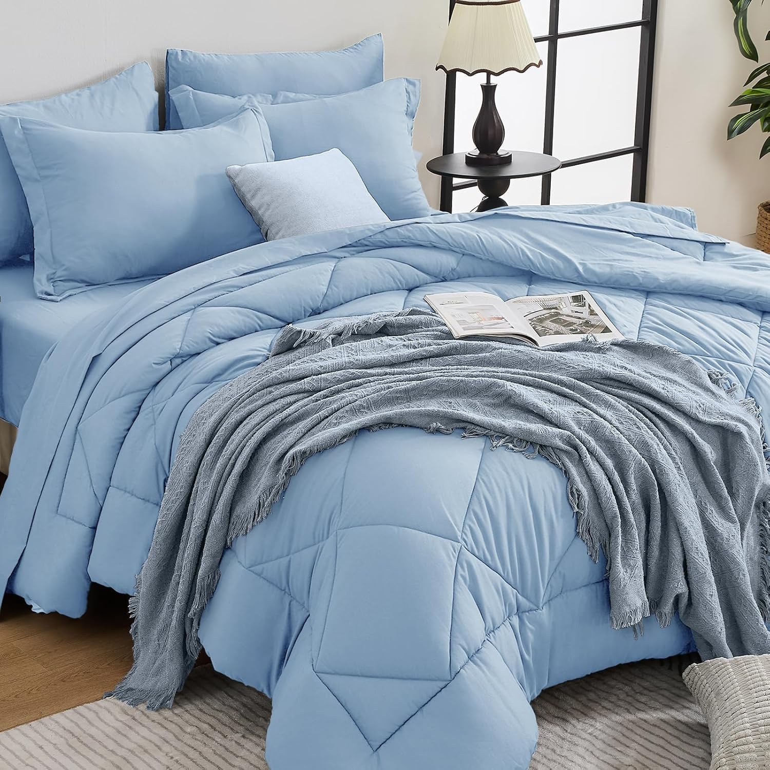 HEVUMYI 7 Pieces Queen Comforter Set, All Season Reversible Bed in a Bag, Ultra Soft Queen Bedding Set with Grey Comforter, Flat Sheet, Fitted Sheet, Pillowcases, Pillow Shams, Dark Grey