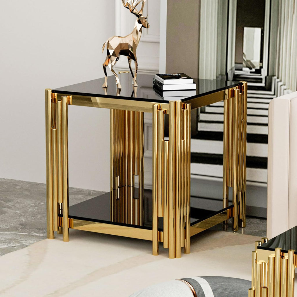Luxury Gold Square Glass End Table, 19.7" Modern Side Table with Stainless Steel Irregular Leg Clear Tempered Glass Tabletop, Accent Furniture for Living Room, Clear