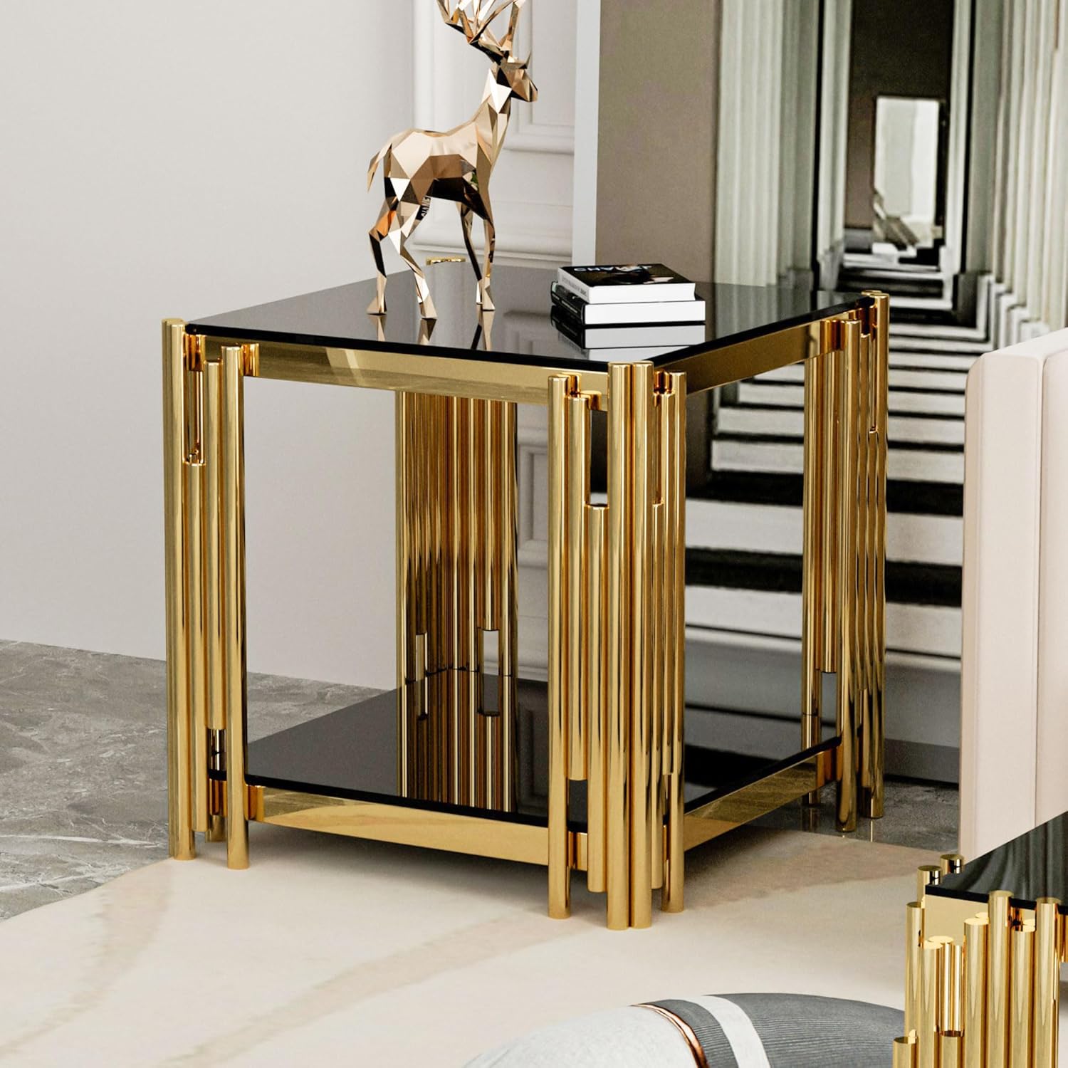 Luxury Gold Square Glass End Table, 19.7" Modern Side Table with Stainless Steel Irregular Leg Clear Tempered Glass Tabletop, Accent Furniture for Living Room, Clear