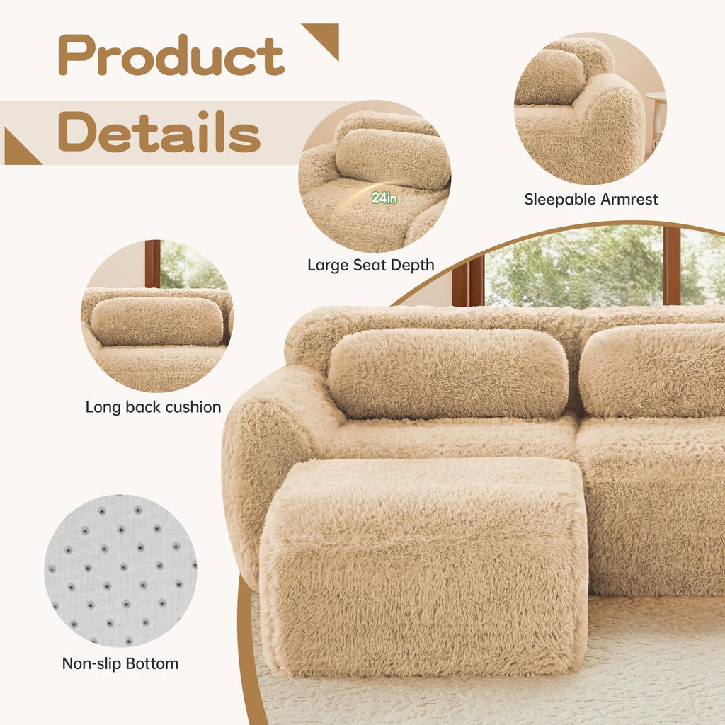 98.4-Inch Oversized Boneless Cloud Couches Deep Seat Foam Sofa Couch with 2 Round Toss Pillows, Luxury Corduroy Upholstered 3 Seat Tufted Loveseat, Cloud Sofa in a Box