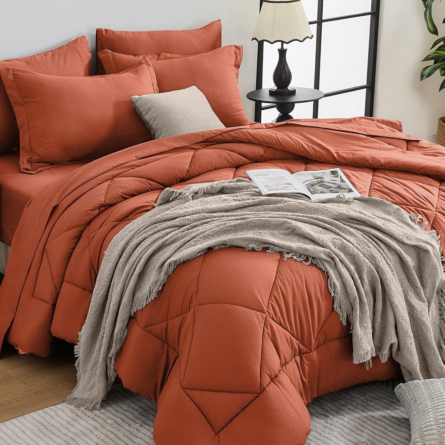 HEVUMYI 7 Pieces Queen Comforter Set, All Season Reversible Bed in a Bag, Ultra Soft Queen Bedding Set with Grey Comforter, Flat Sheet, Fitted Sheet, Pillowcases, Pillow Shams, Dark Grey