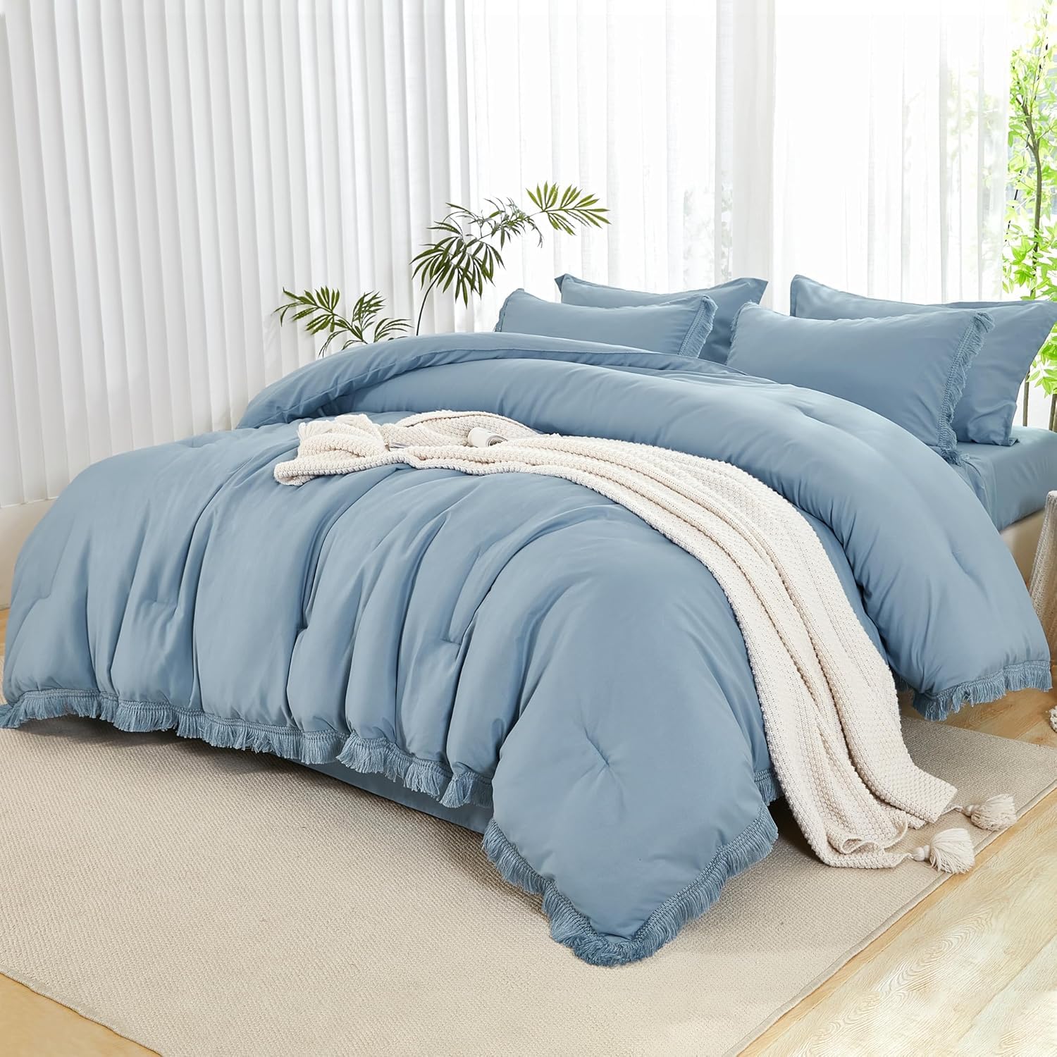 Andency King Size Comforter Set with Sheets Light Pink - 7 Pieces Bed in a Bag Boho Soft Lightweight Bedding Sets, Tassel Bed Set with Comforter, Sheets, Pillowcases & Shams