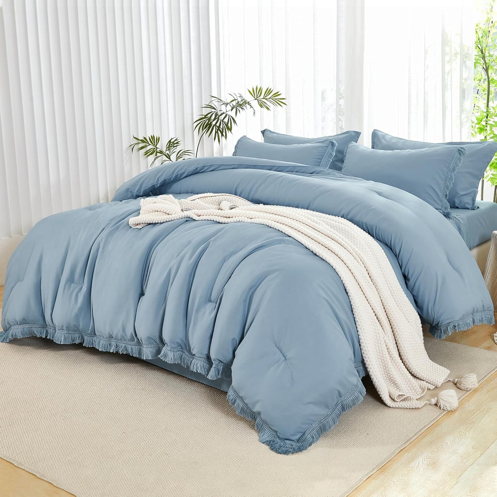 Andency King Size Comforter Set with Sheets Light Pink - 7 Pieces Bed in a Bag Boho Soft Lightweight Bedding Sets, Tassel Bed Set with Comforter, Sheets, Pillowcases & Shams