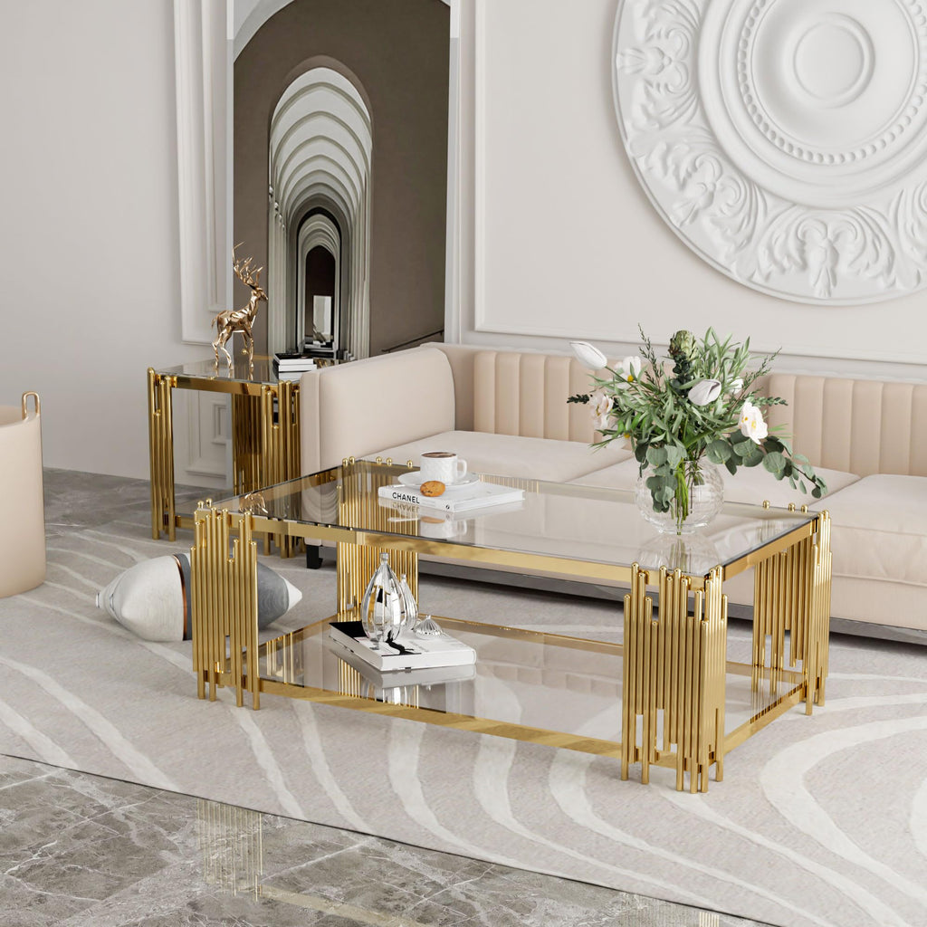 Luxury Gold Square Glass End Table, 19.7" Modern Side Table with Stainless Steel Irregular Leg Clear Tempered Glass Tabletop, Accent Furniture for Living Room, Clear