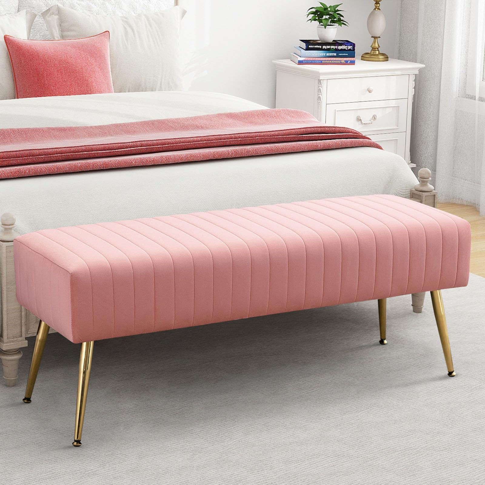 Furnimart 44 Inch Green Velvet Bench Ottoman Comfortable Footrest Stool Table Bench Dining Bench Tufting Bench Indoor Bench with Gold Legs for Living Room Bedroom Entryway (Velvet-Green)