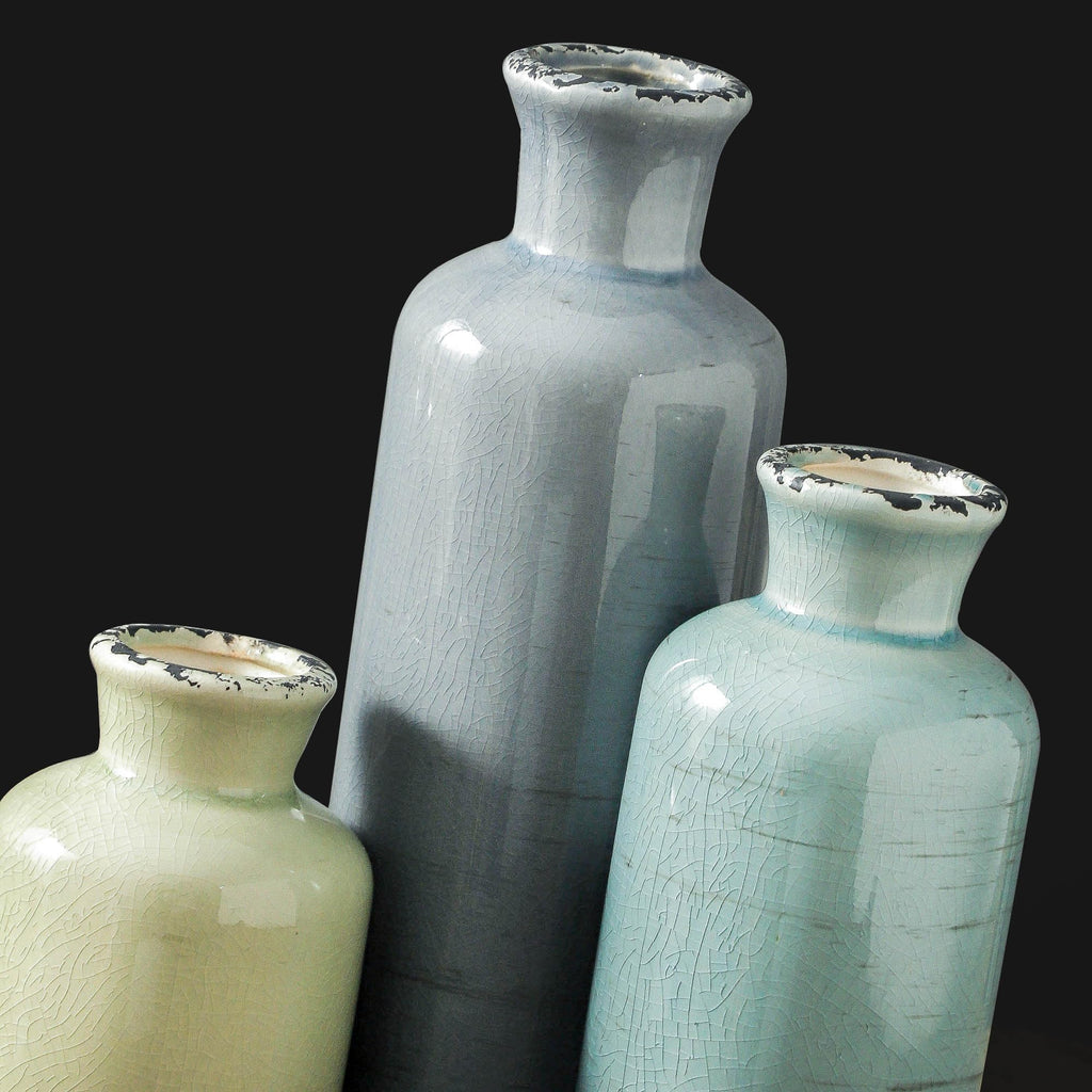 Vintage Vase Set of 3, Ceramic Vintage Flower Vases, Chinoiserie Decorative Home Decor Retro Floral Vase Rustic Farmhouse Decor for Table Bookshelf Mantel Kitchen Living Room Office - Green and Beige
