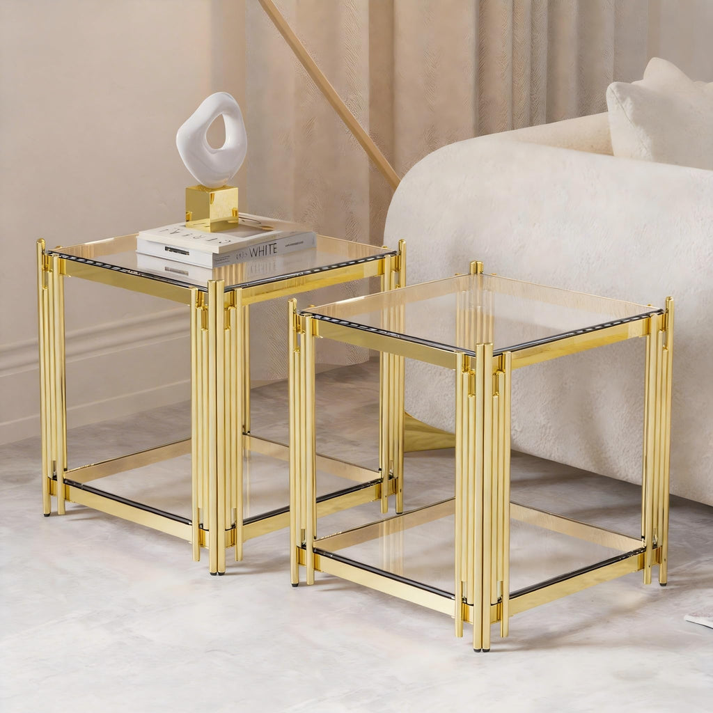 Luxury Gold Square Glass End Table, 19.7" Modern Side Table with Stainless Steel Irregular Leg Clear Tempered Glass Tabletop, Accent Furniture for Living Room, Clear