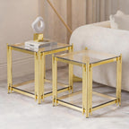 Luxury Gold Square Glass End Table, 19.7" Modern Side Table with Stainless Steel Irregular Leg Clear Tempered Glass Tabletop, Accent Furniture for Living Room, Clear