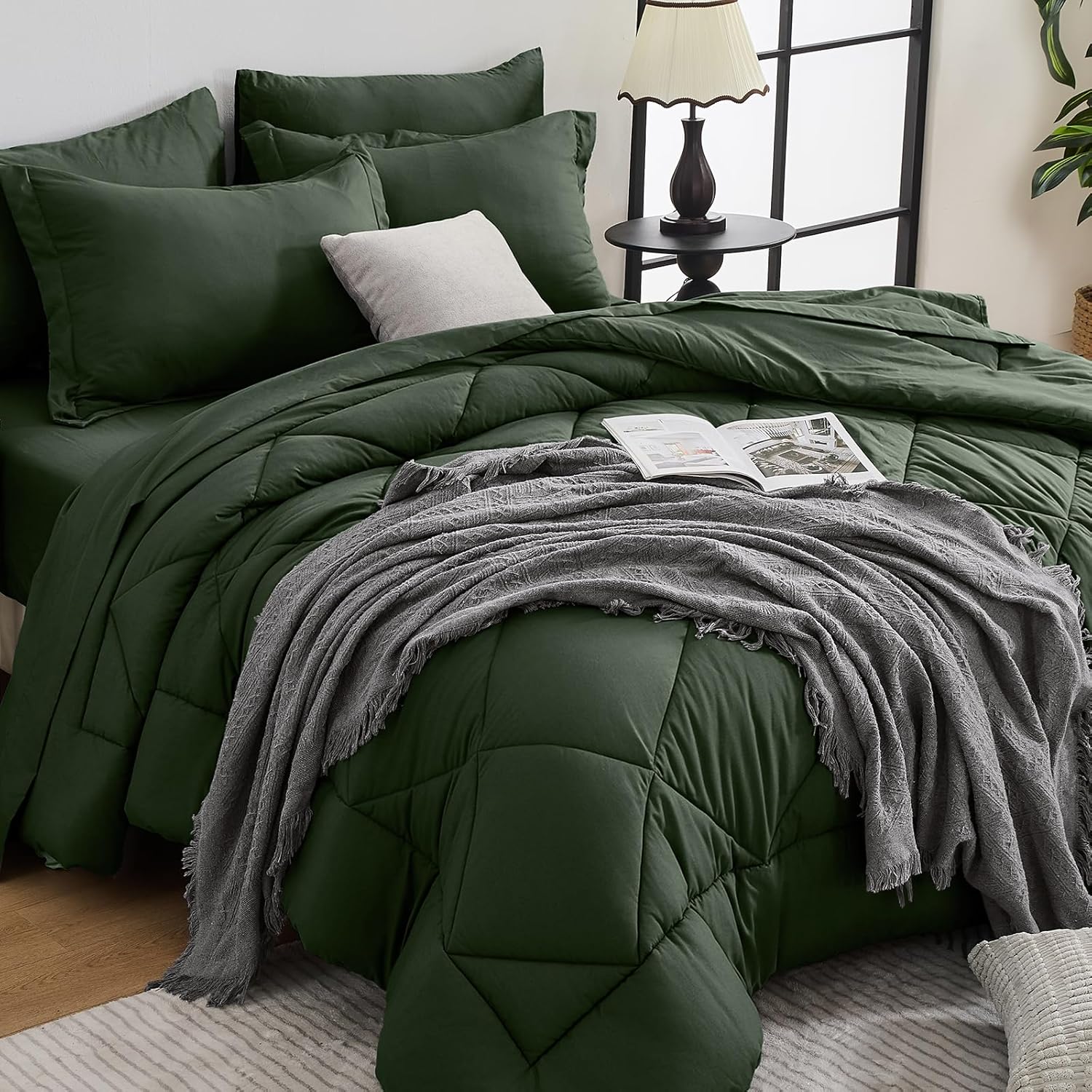 HEVUMYI 7 Pieces Queen Comforter Set, All Season Reversible Bed in a Bag, Ultra Soft Queen Bedding Set with Grey Comforter, Flat Sheet, Fitted Sheet, Pillowcases, Pillow Shams, Dark Grey