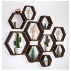 WONFUlity Hexagon Floating Shelves Honeycomb Shelves Wall Mounted Wood Farmhouse Storage Wall Shelf for Bathroom, Kitchen, Bedroom, Living Room,Driftwood Finish Decor,Dark Brwon