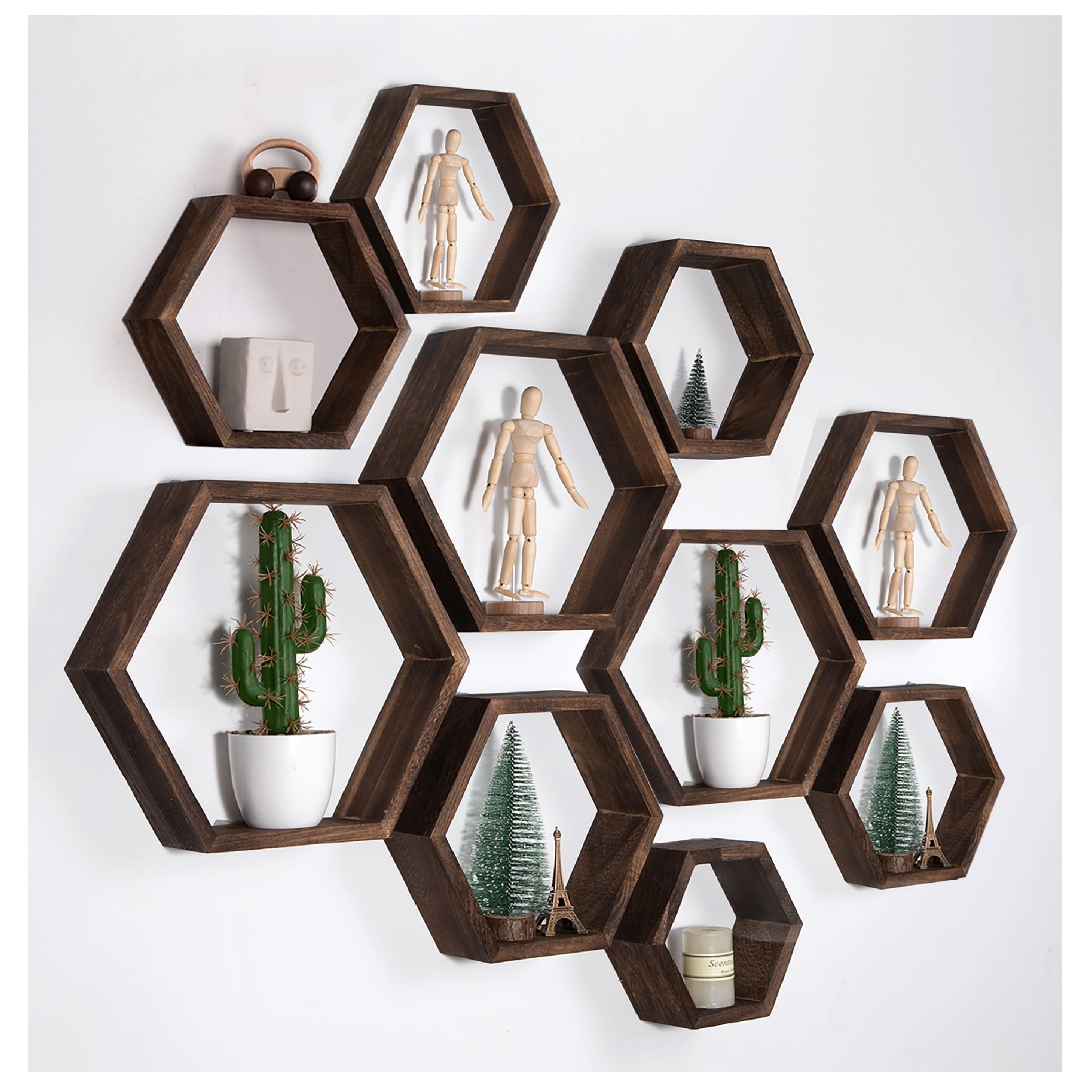 WONFUlity Hexagon Floating Shelves Honeycomb Shelves Wall Mounted Wood Farmhouse Storage Wall Shelf for Bathroom, Kitchen, Bedroom, Living Room,Driftwood Finish Decor,Dark Brwon