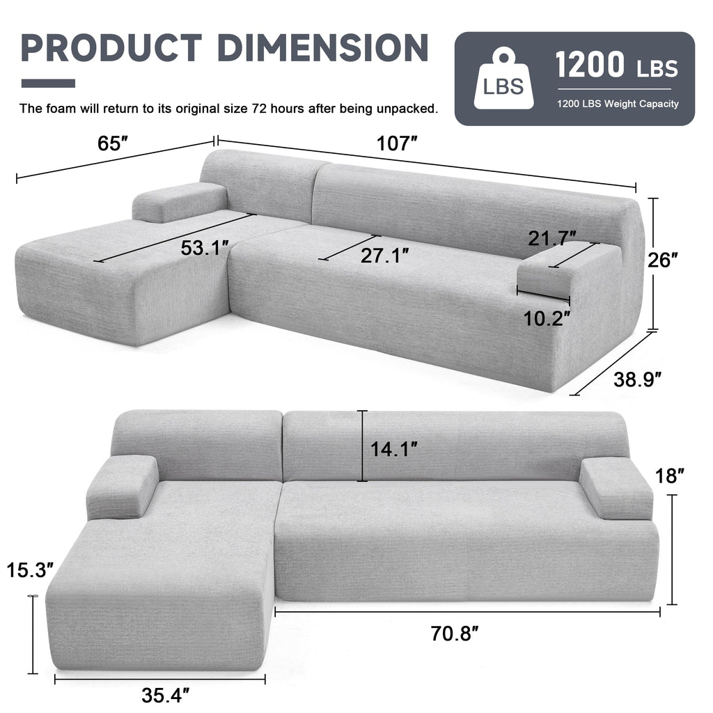 108” Modular Sectional Sofa, Cloud Sectional Couch with Deep Seat, Modern Modular L-Shape Sofa Couch with Chaise,Upholstered Boneless Couches for Living Room Bedroom (Beige, Left Facing Chaise)