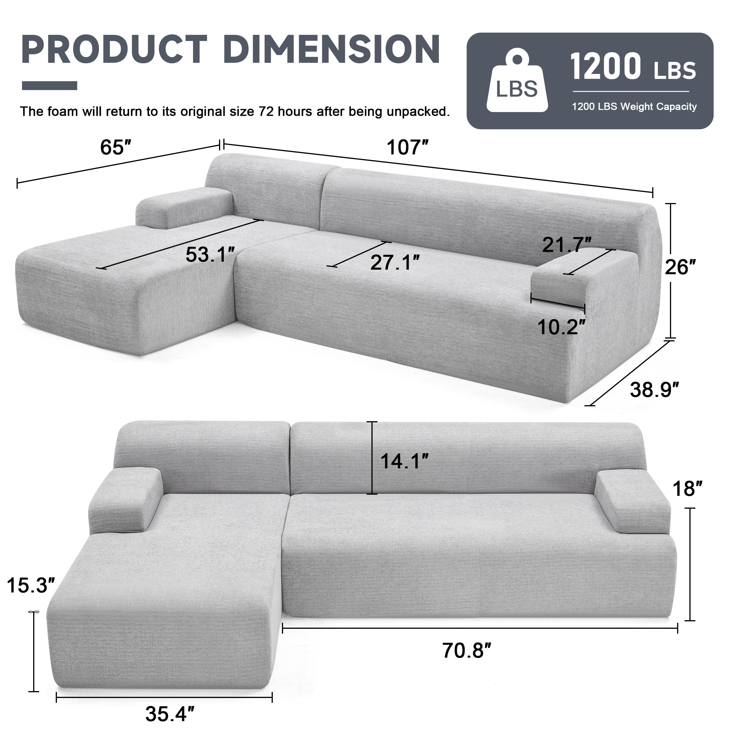 108” Modular Sectional Sofa, Cloud Sectional Couch with Deep Seat, Modern Modular L-Shape Sofa Couch with Chaise,Upholstered Boneless Couches for Living Room Bedroom (Beige, Left Facing Chaise)