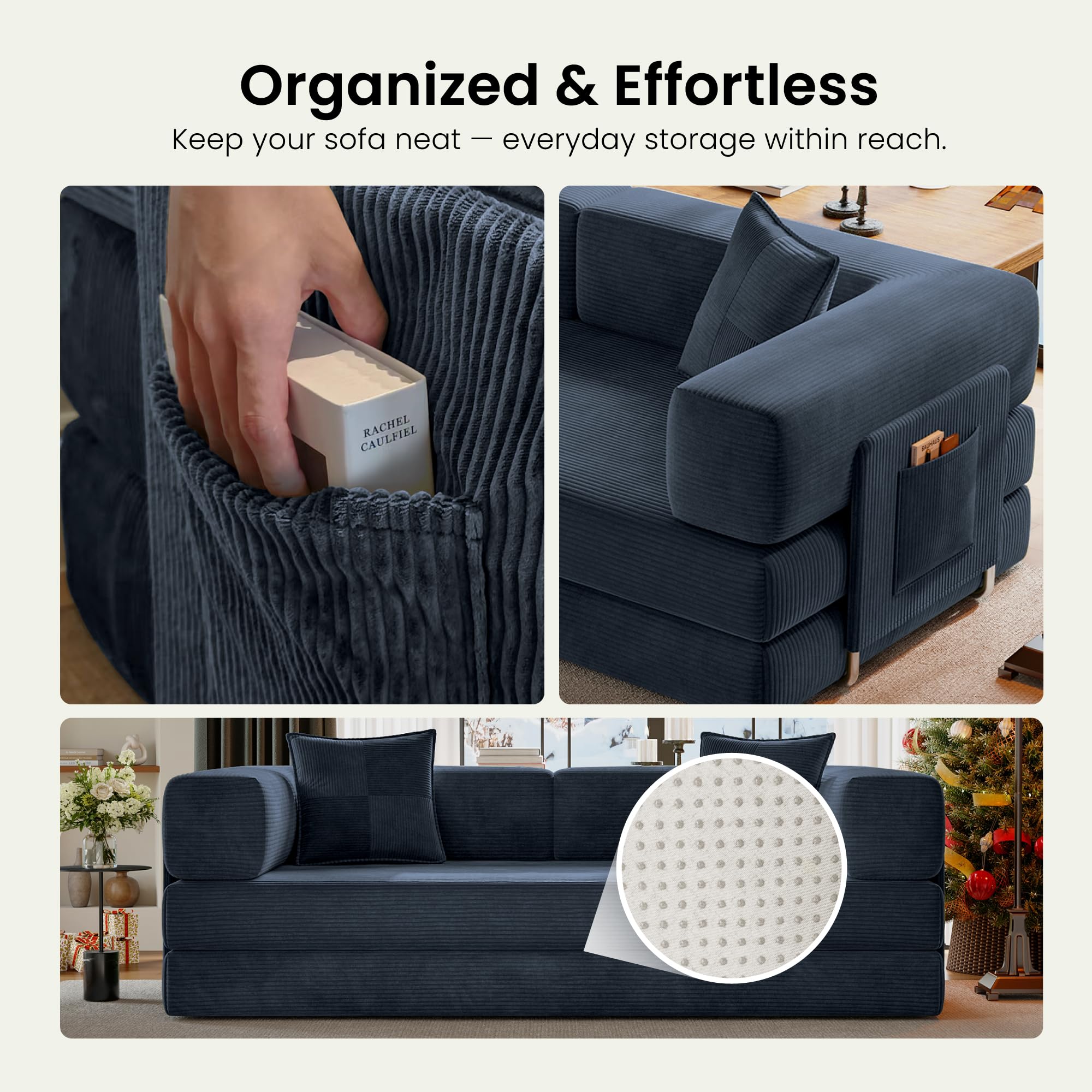 78.8" Convertible Futon Sofa Bed,Corduroy Futon Couch with Storage Pocket,Folding Pull Out Sofa,No Assembly Boneless Couch for Living Room | Pink