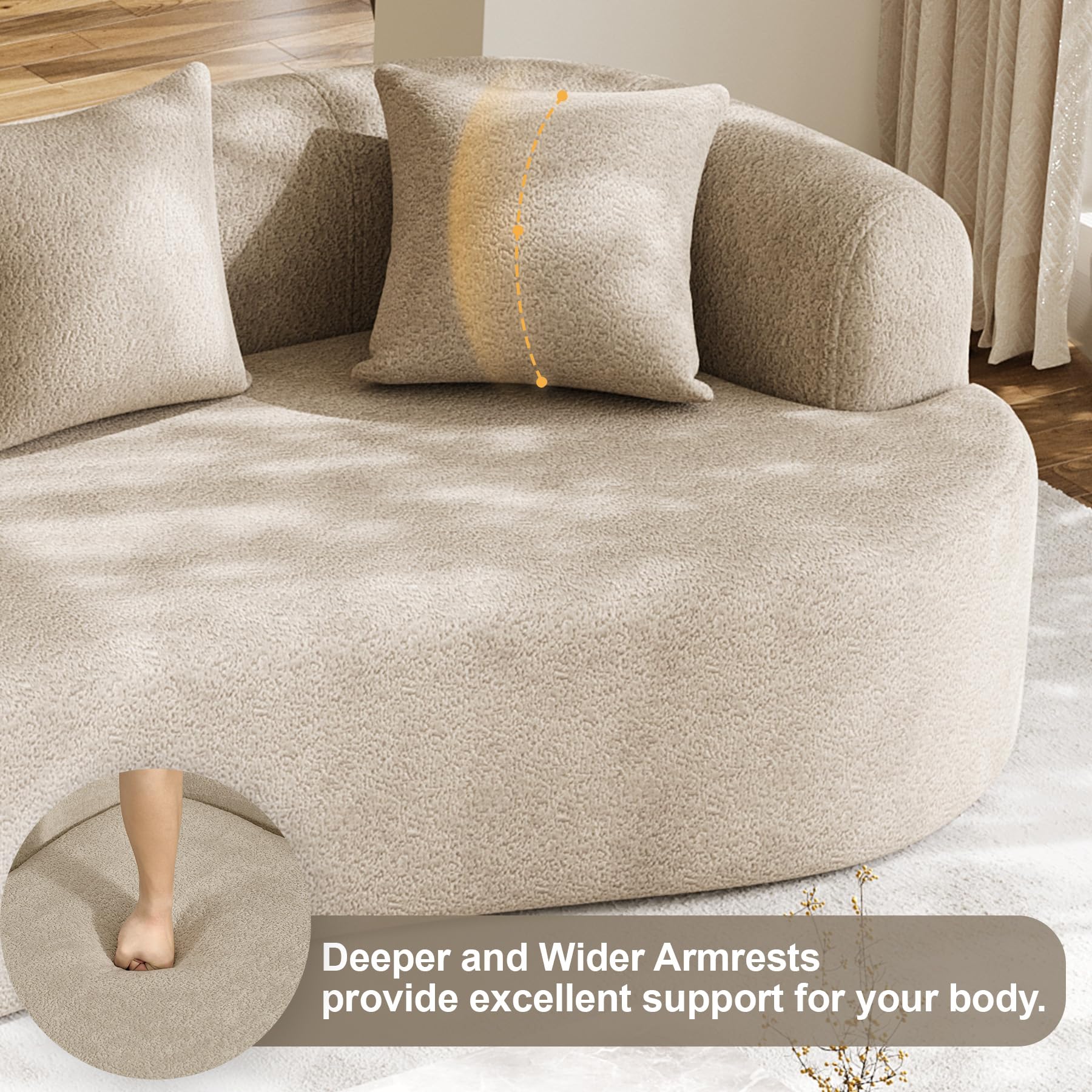131" Oversized Sectional Sofa for Living Room, Modern Luxury Plush Chenille 4-Seater Extra Deep & Wide Seat Curved Cloud Couch with 4 Throw Pillows, No Assembly Needed, Light Brown