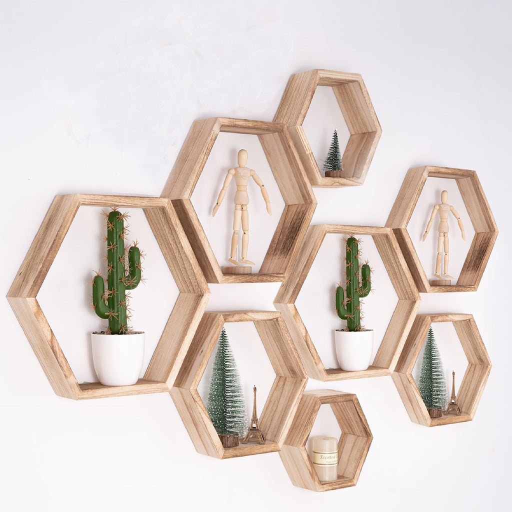 WONFUlity Hexagon Floating Shelves Honeycomb Shelves Wall Mounted Wood Farmhouse Storage Wall Shelf for Bathroom, Kitchen, Bedroom, Living Room,Driftwood Finish Decor,Dark Brwon