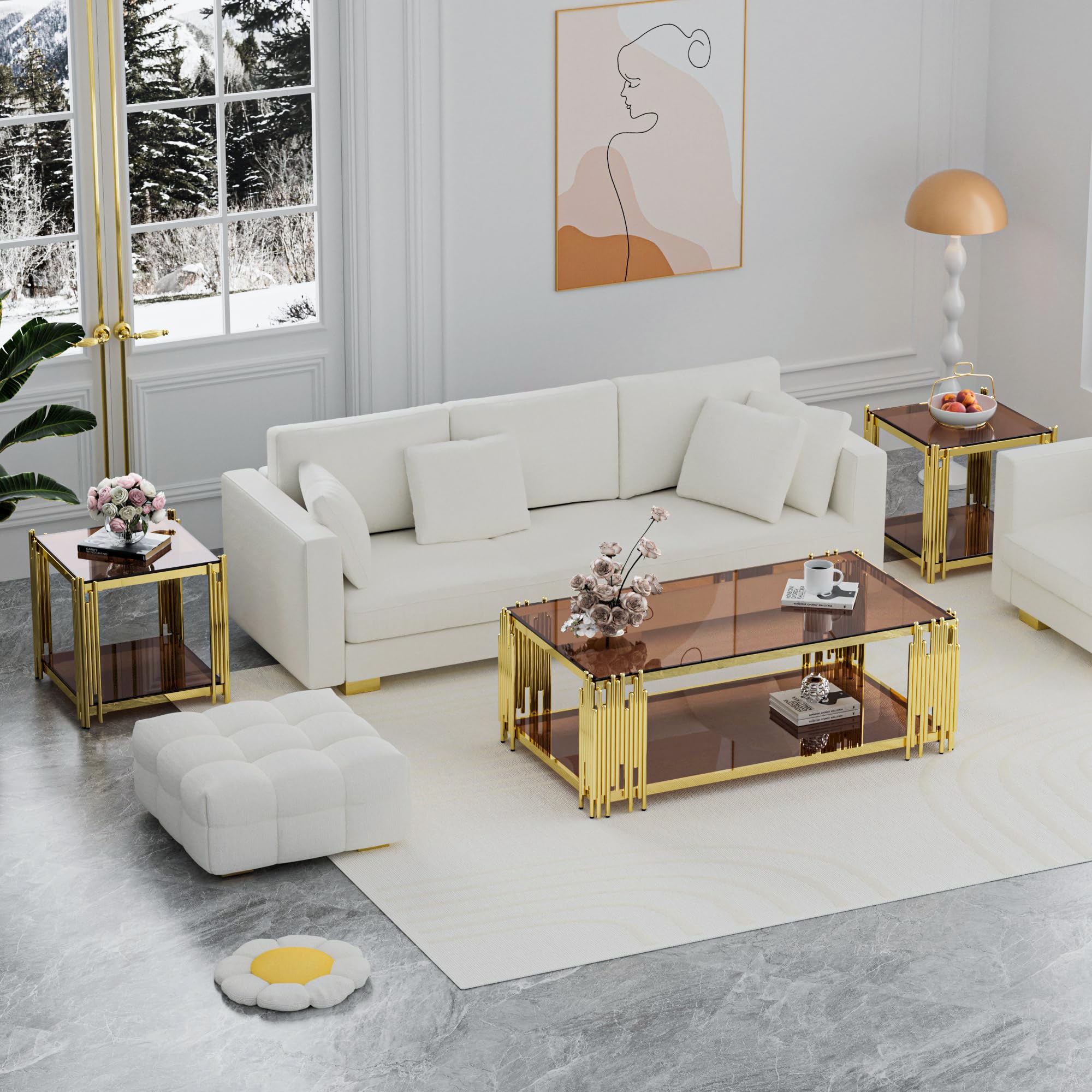 Luxury Gold Square Glass End Table, 19.7" Modern Side Table with Stainless Steel Irregular Leg Clear Tempered Glass Tabletop, Accent Furniture for Living Room, Clear