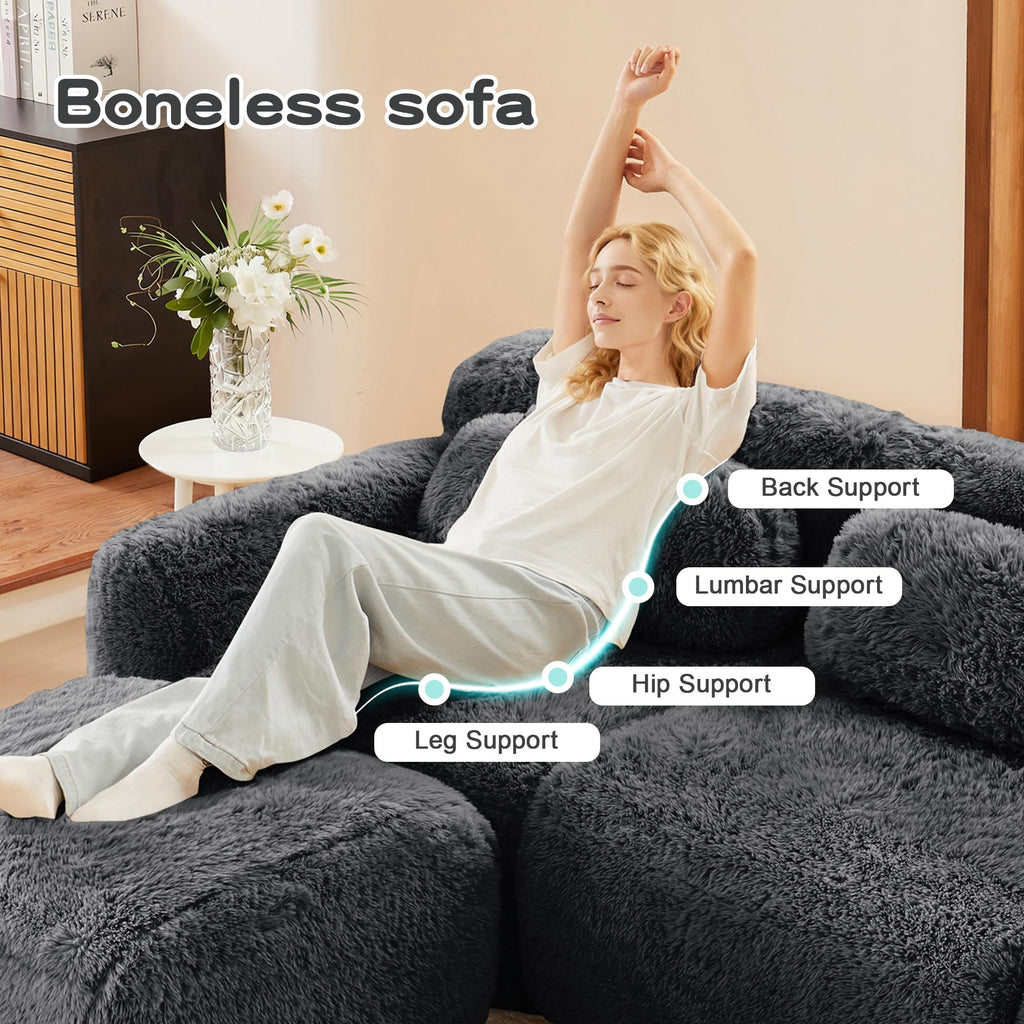 98.4-Inch Oversized Boneless Cloud Couches Deep Seat Foam Sofa Couch with 2 Round Toss Pillows, Luxury Corduroy Upholstered 3 Seat Tufted Loveseat, Cloud Sofa in a Box