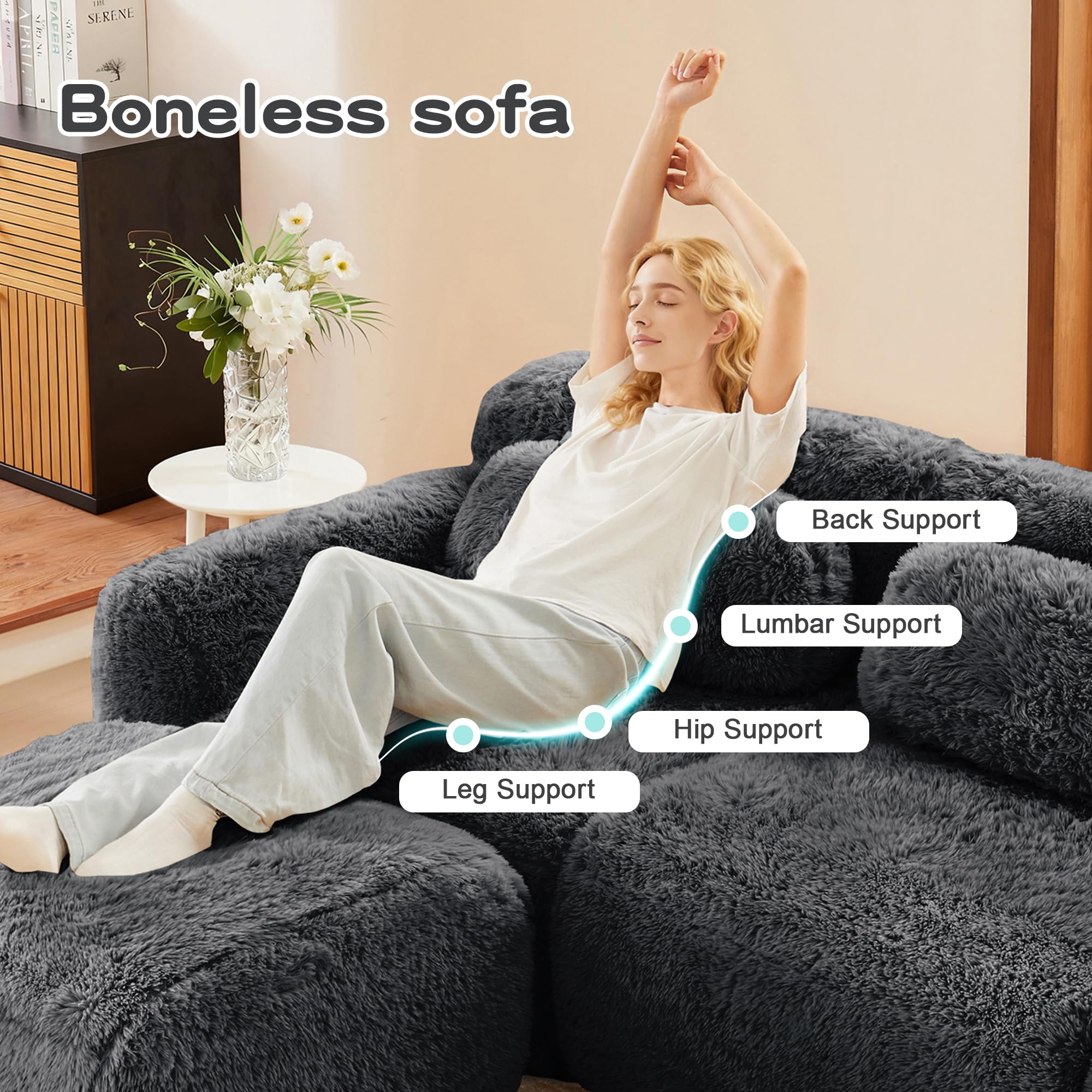 98.4-Inch Oversized Boneless Cloud Couches Deep Seat Foam Sofa Couch with 2 Round Toss Pillows, Luxury Corduroy Upholstered 3 Seat Tufted Loveseat, Cloud Sofa in a Box