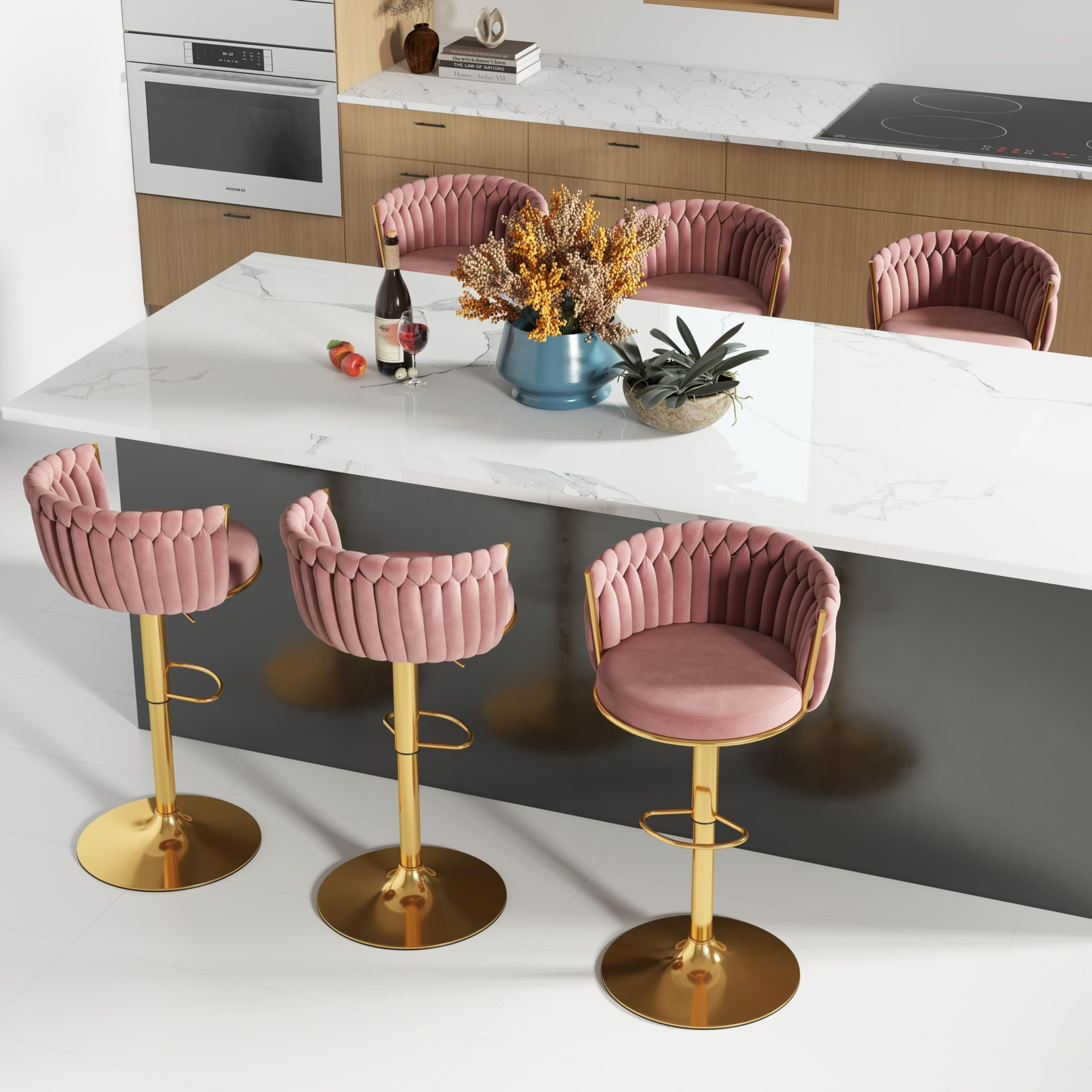 ABET Gold Bar Stool Set of 2, Velvet Swivel Barstools, Height Adjustable Counter Stools with Woven Back, Upholstered Modern Luxury Kitchen Stools with Footrest for Cafe, Pub, Black