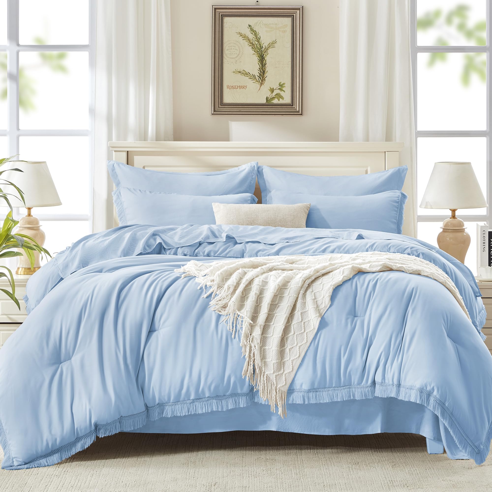 Andency King Size Comforter Set with Sheets Light Pink - 7 Pieces Bed in a Bag Boho Soft Lightweight Bedding Sets, Tassel Bed Set with Comforter, Sheets, Pillowcases & Shams
