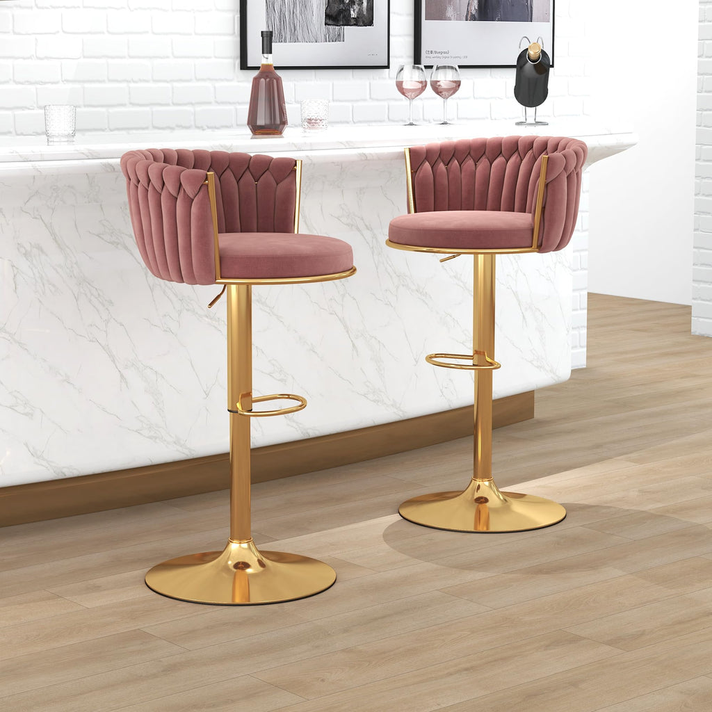 ABET Gold Bar Stool Set of 2, Velvet Swivel Barstools, Height Adjustable Counter Stools with Woven Back, Upholstered Modern Luxury Kitchen Stools with Footrest for Cafe, Pub, Black