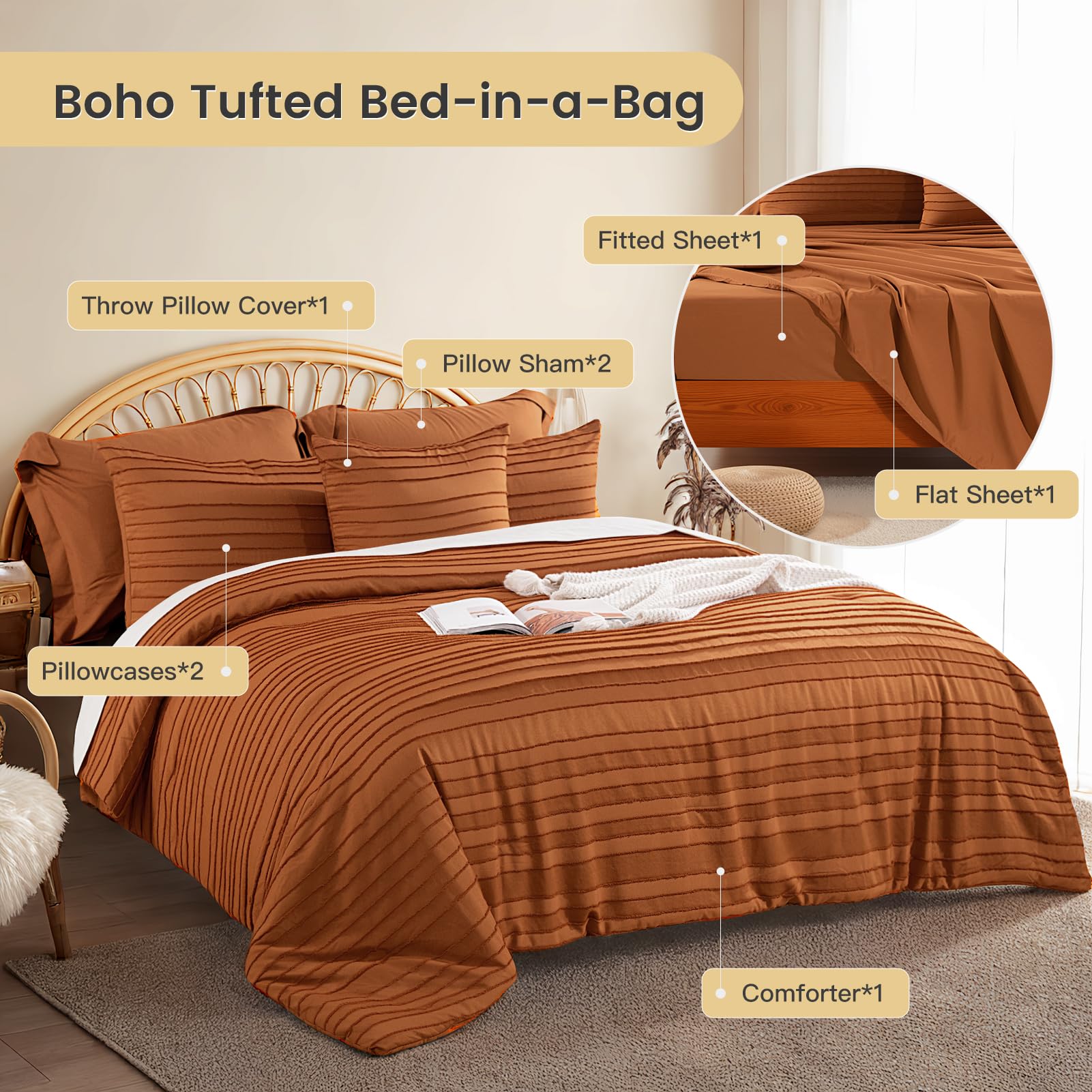 NEXHOME PRO Tufted Boho Comforter Set King, 8 Piece Bed in a Bag, Ultra Soft Brushed Microfiber All-in-One Bedding, Lightweight All Season Comforter, Machine Washable, Sage Green