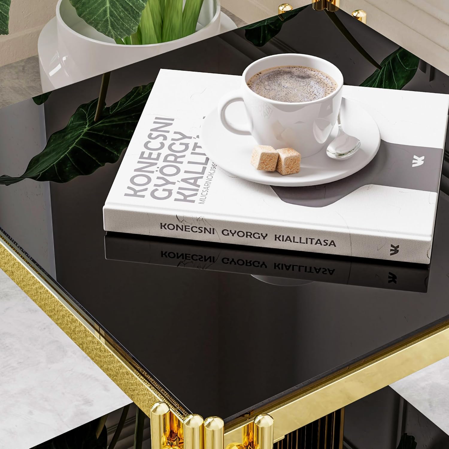 Luxury Gold Square Glass End Table, 19.7" Modern Side Table with Stainless Steel Irregular Leg Clear Tempered Glass Tabletop, Accent Furniture for Living Room, Clear