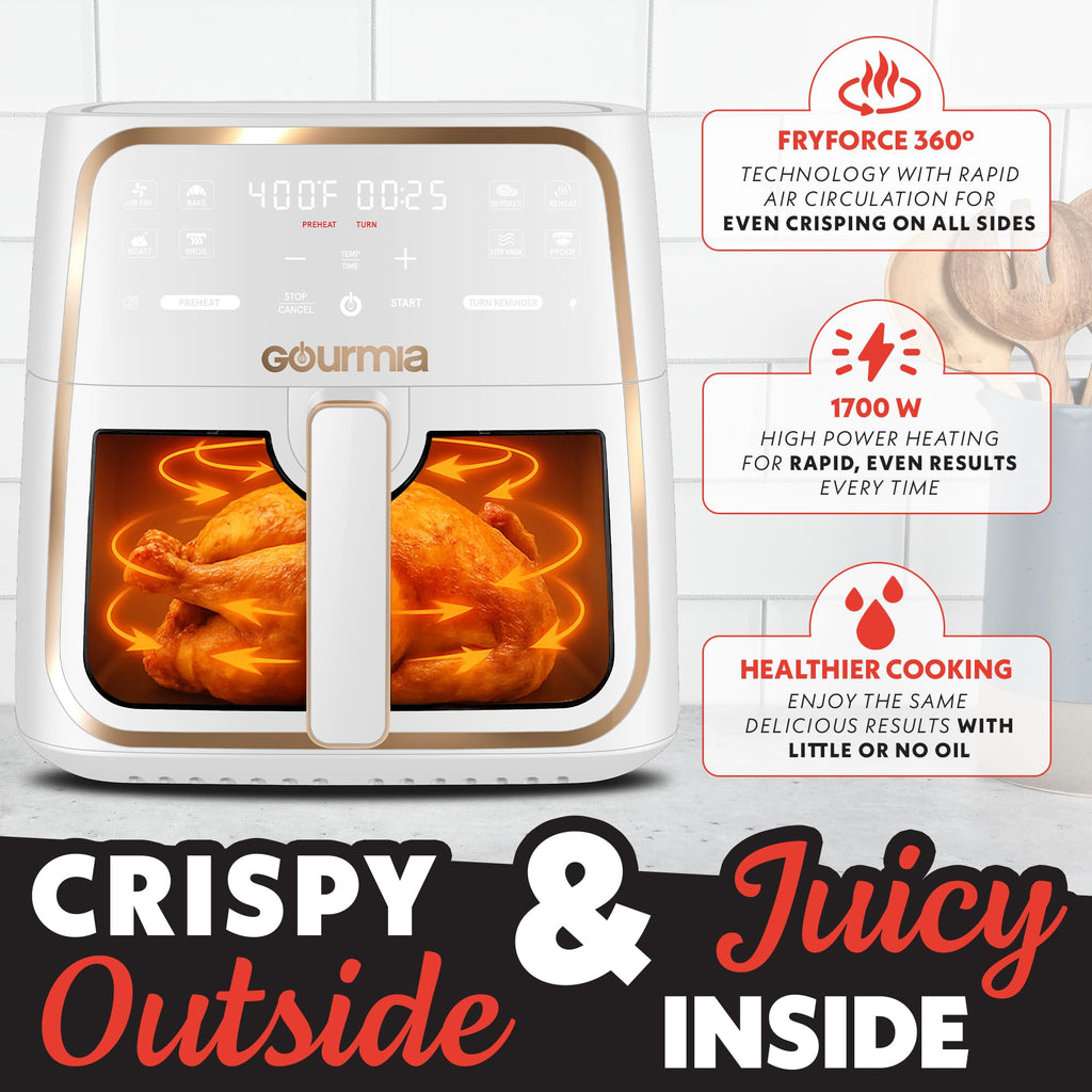 Gourmia 8 Qt Air Fryer, 8 Presets with Digital Display, FryForce 360° Technology, Easy View Window & Interior Light, Dishwasher Safe Basket, Green