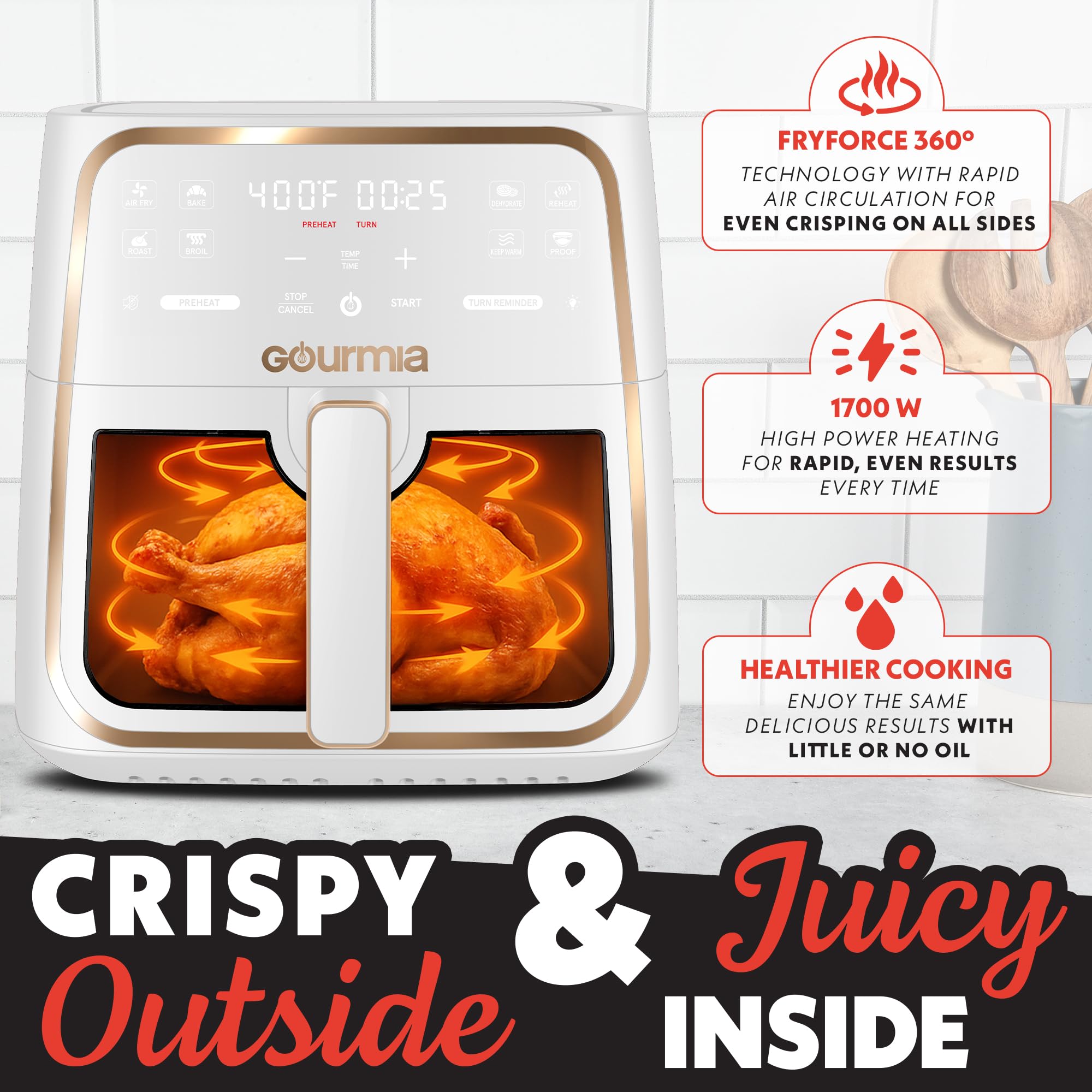 Gourmia 8 Qt Air Fryer, 8 Presets with Digital Display, FryForce 360° Technology, Easy View Window & Interior Light, Dishwasher Safe Basket, Green