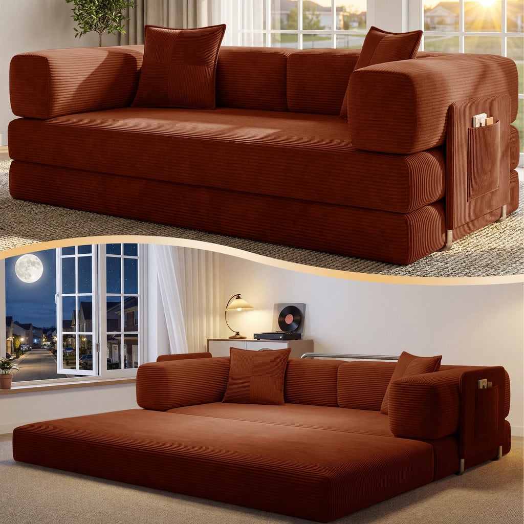 78.8" Convertible Futon Sofa Bed,Corduroy Futon Couch with Storage Pocket,Folding Pull Out Sofa,No Assembly Boneless Couch for Living Room | Pink