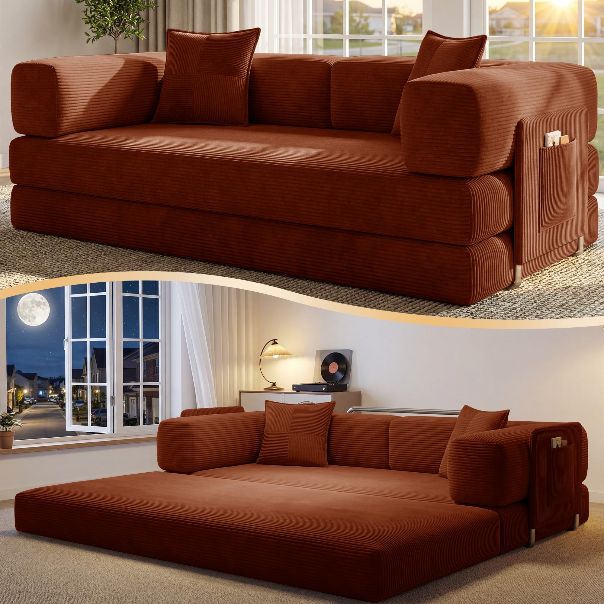 78.8" Convertible Futon Sofa Bed,Corduroy Futon Couch with Storage Pocket,Folding Pull Out Sofa,No Assembly Boneless Couch for Living Room | Pink
