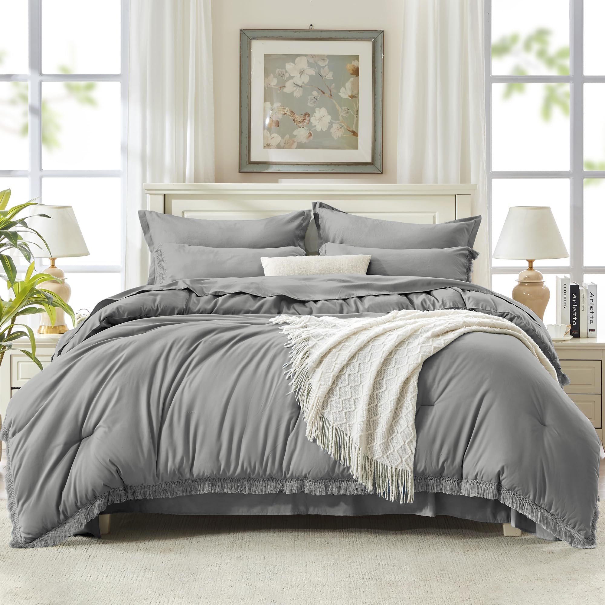 Andency King Size Comforter Set with Sheets Light Pink - 7 Pieces Bed in a Bag Boho Soft Lightweight Bedding Sets, Tassel Bed Set with Comforter, Sheets, Pillowcases & Shams