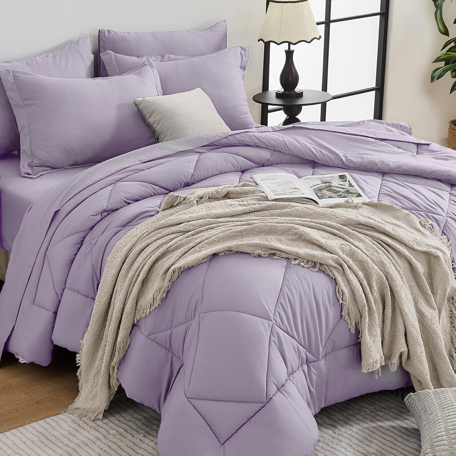 HEVUMYI 7 Pieces Queen Comforter Set, All Season Reversible Bed in a Bag, Ultra Soft Queen Bedding Set with Grey Comforter, Flat Sheet, Fitted Sheet, Pillowcases, Pillow Shams, Dark Grey