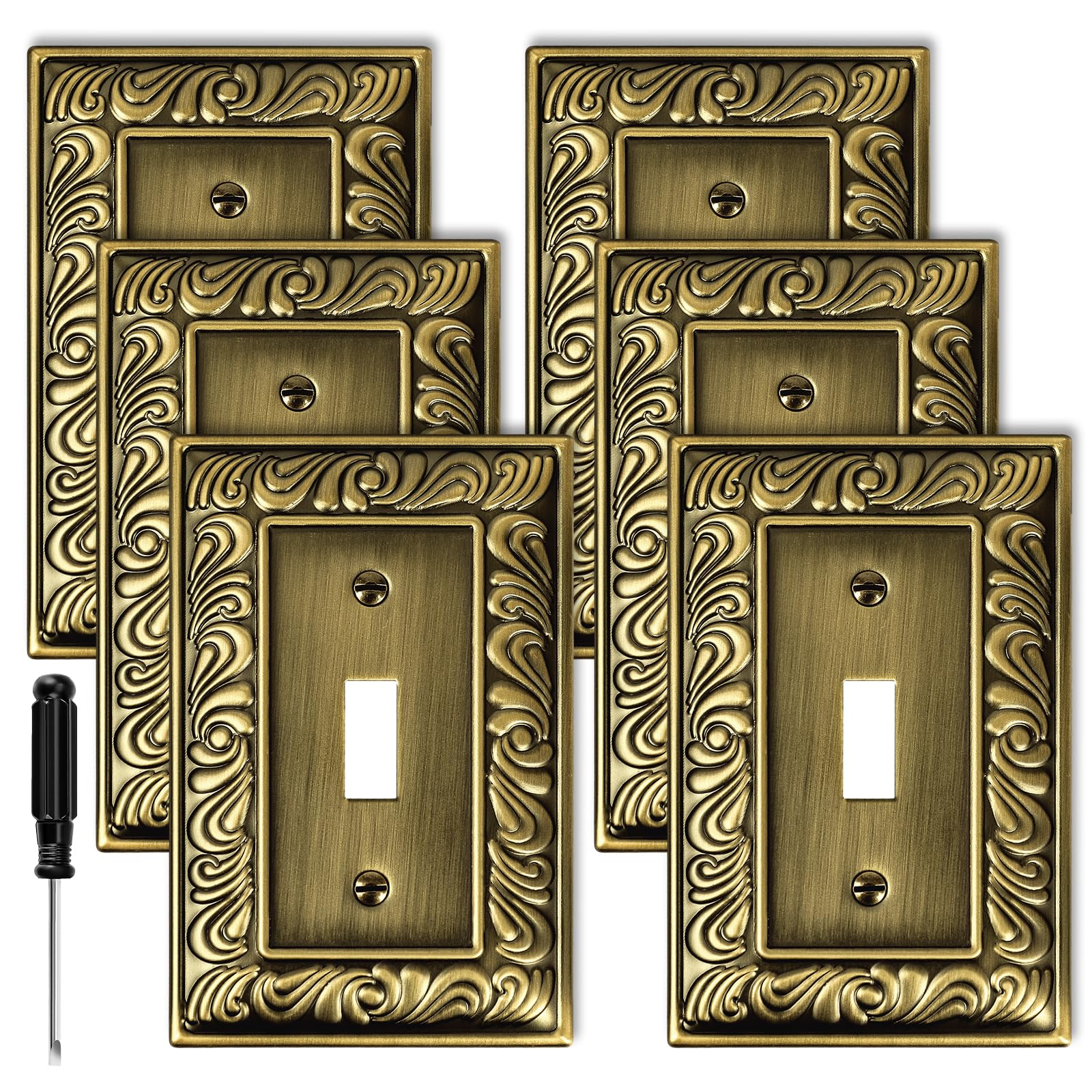 Antique Brass Duplex Outlet Cover Paisley Pattern Decorative Wall Plates for Electrical Outlet, Metal Switch Plates and Receptacle Cover for Kitchen Bathroom (1 Gang Duplex Outlet-6 Pack)